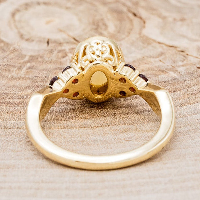 "AGATHA" - BEZEL SET OVAL CABOCHON CUT WHITE OPAL ENGAGEMENT RING WITH GARNET ACCENTS AND FIRE & ICE OPAL INLAYS-Staghead Designs