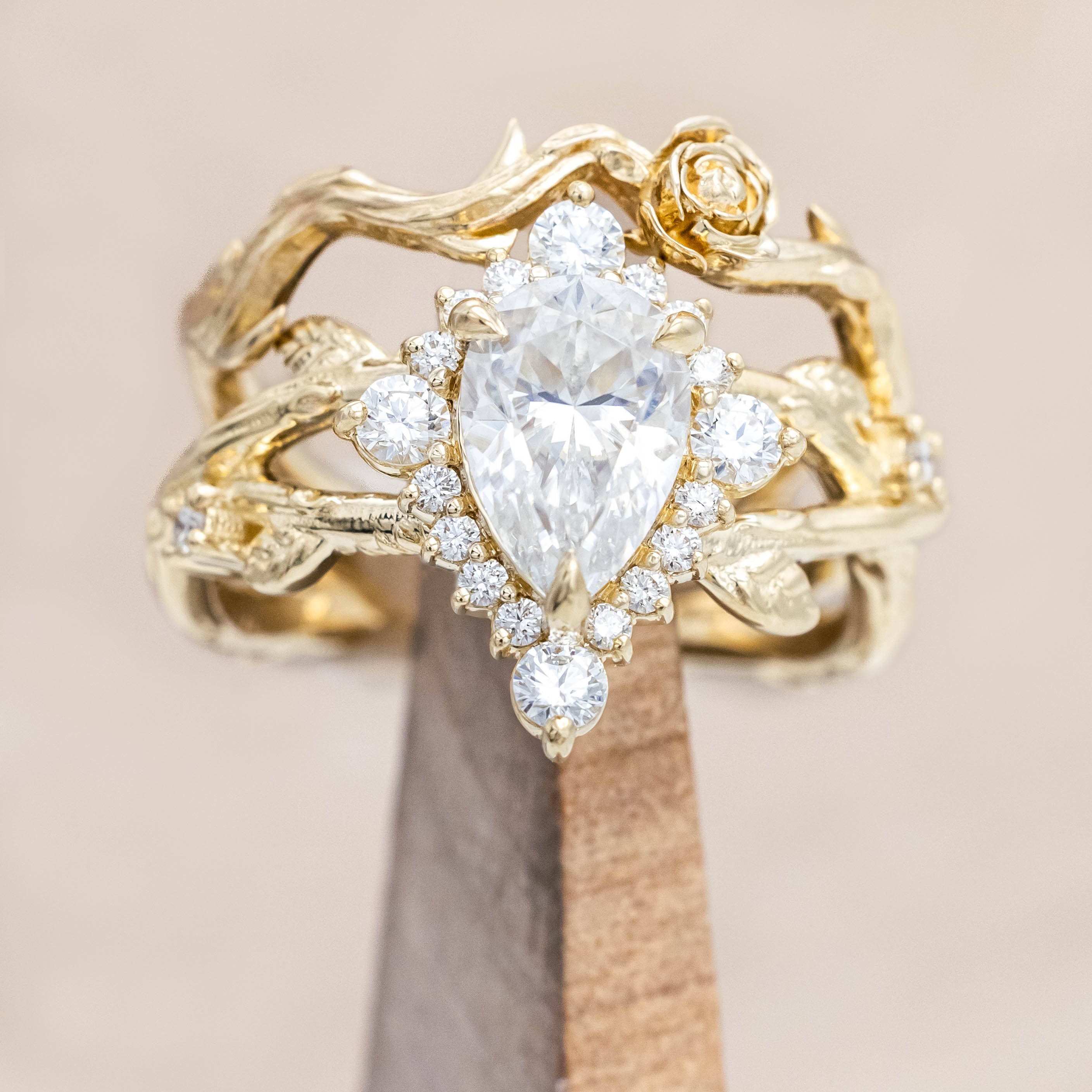"ARTEMIS ON THE VINE DIVINE" - PEAR ENGAGEMENT RING WITH DIAMOND ACCENTS & A BRANCH-STYLE BAND-Staghead Designs