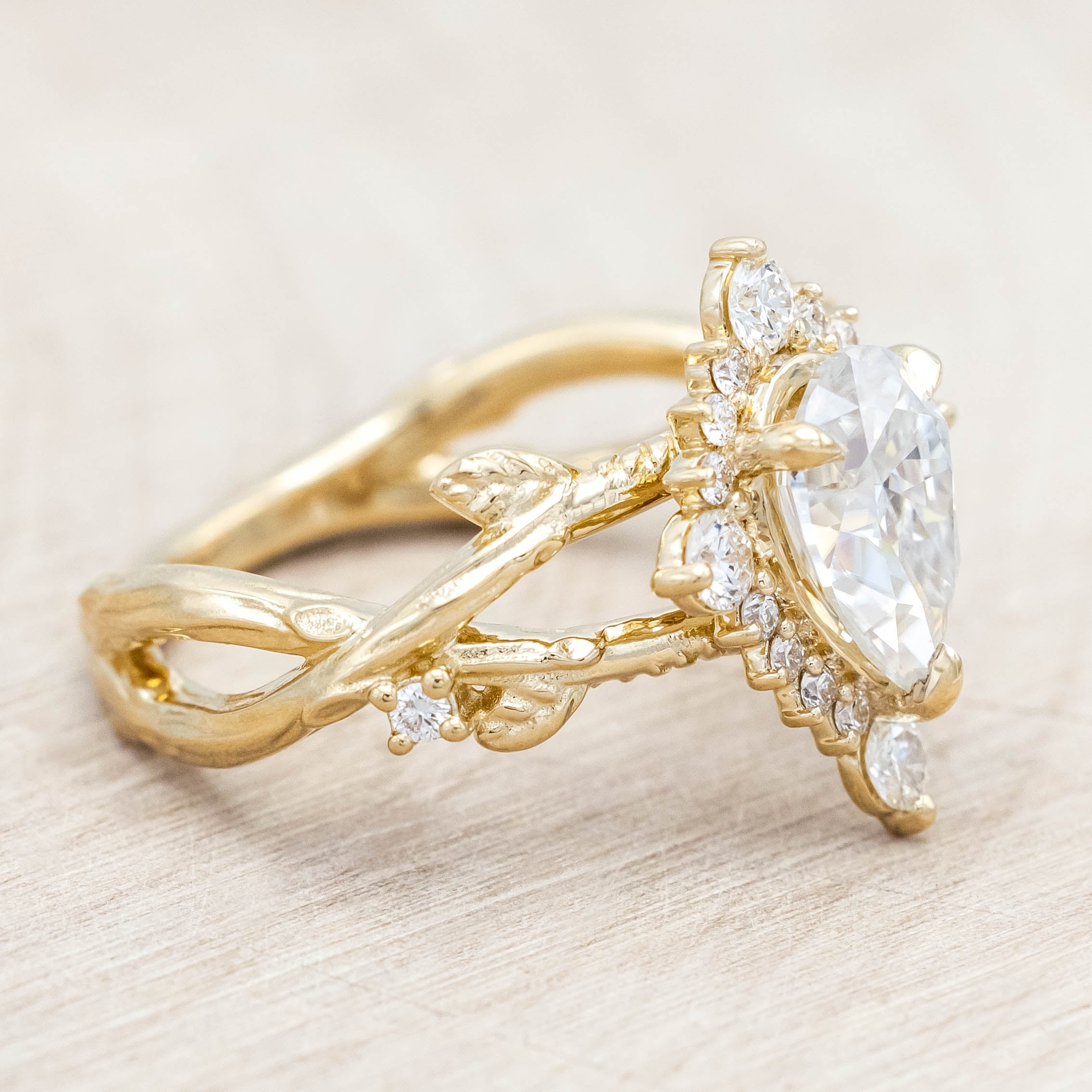 "ARTEMIS ON THE VINE DIVINE" - PEAR ENGAGEMENT RING WITH DIAMOND ACCENTS & A BRANCH-STYLE BAND-Staghead Designs