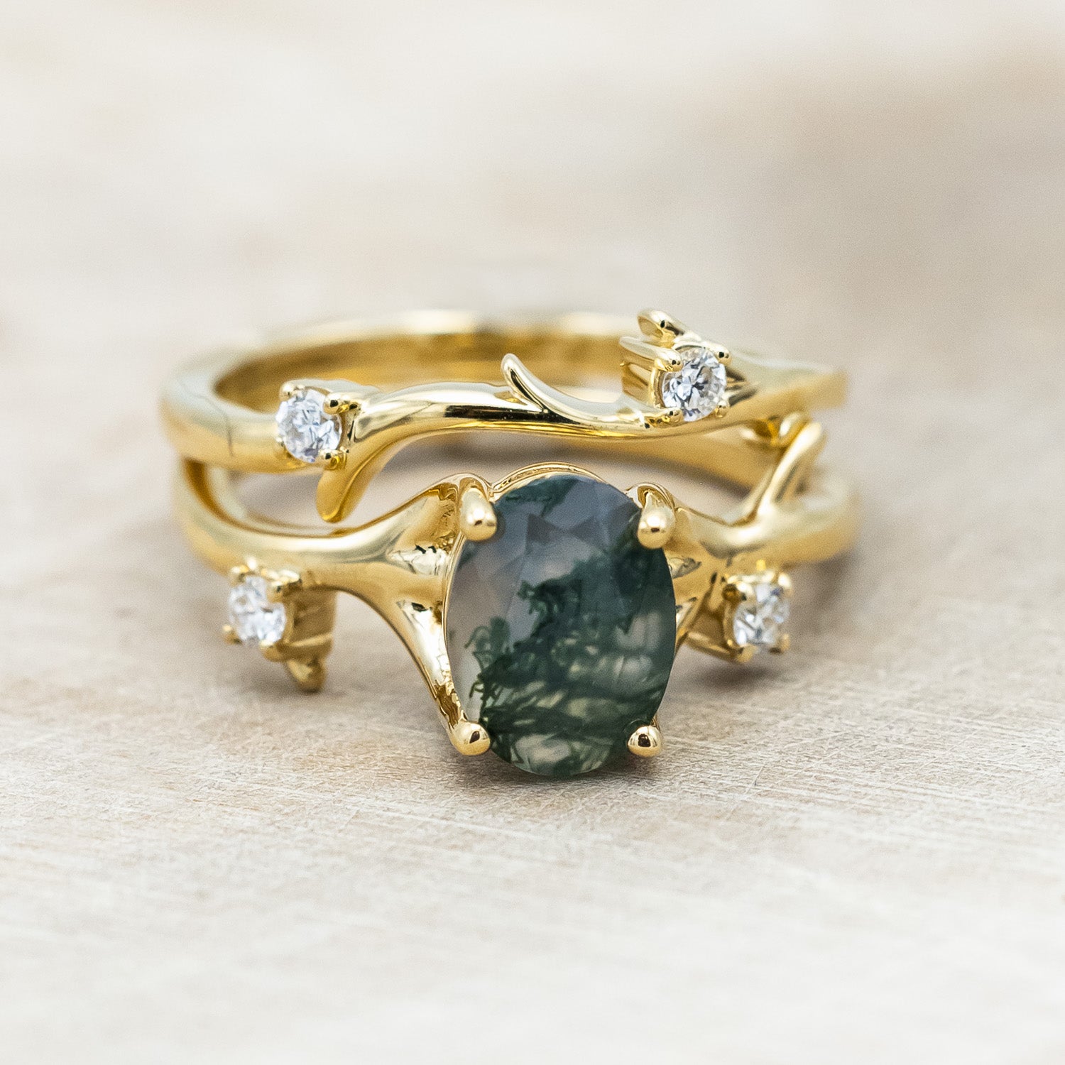 "ARTEMIS" - OVAL CUT MOSS AGATE ENGAGEMENT RING WITH DIAMOND ACCENTS & STACKING BAND-Staghead Designs