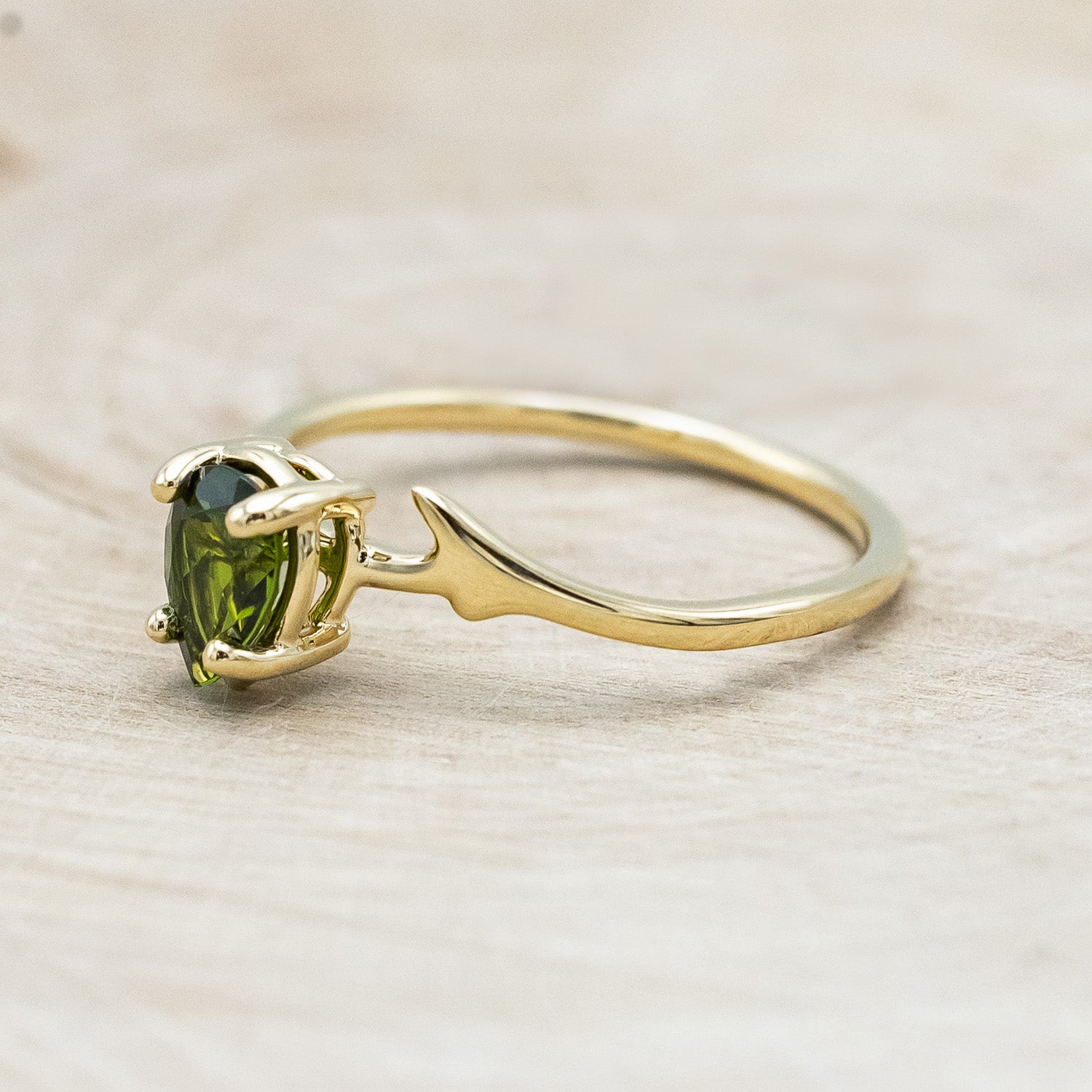 "ARTEMIS" - PEAR GREEN TOURMALINE ENGAGEMENT RING WITH AN ANTLER-STYLE STACKING BAND WITH DIAMOND ACCENT-Staghead Designs