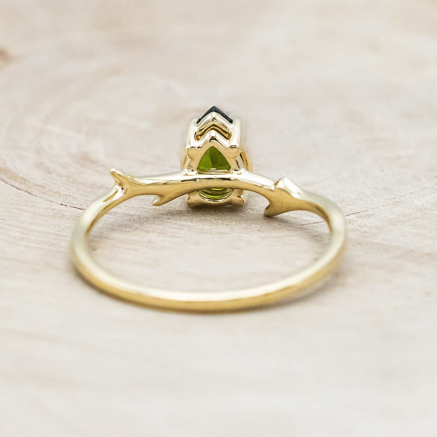 "ARTEMIS" - PEAR GREEN TOURMALINE ENGAGEMENT RING WITH AN ANTLER-STYLE STACKING BAND WITH DIAMOND ACCENT-Staghead Designs