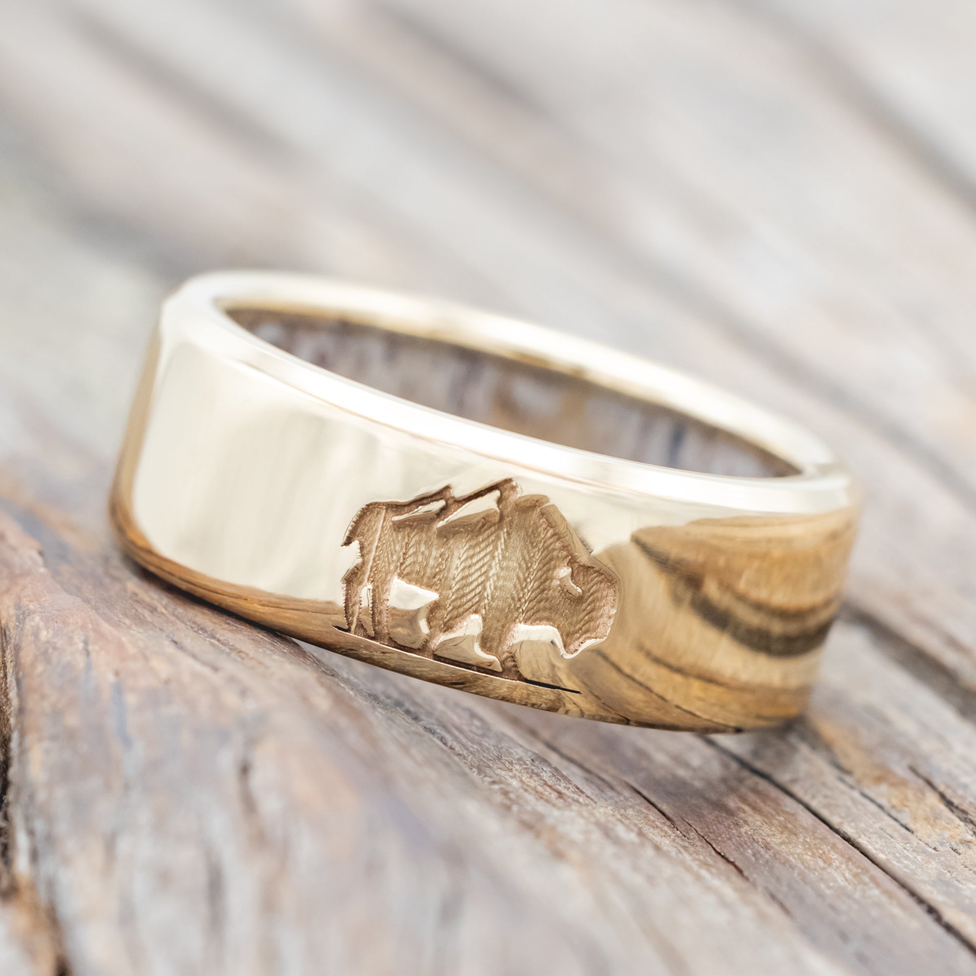 CUSTOM ENGRAVED BISON WEDDING BAND WITH ANTLER LINING-Staghead Designs