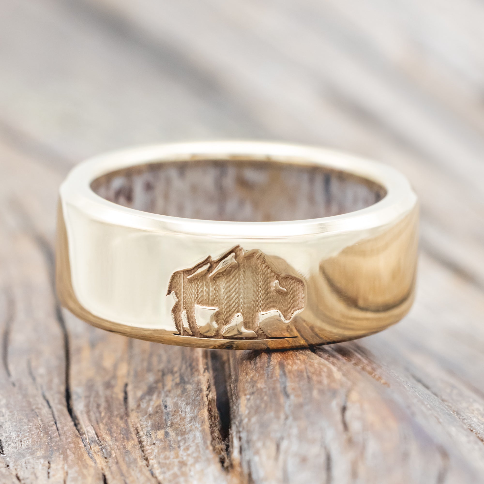 CUSTOM ENGRAVED BISON WEDDING BAND WITH ANTLER LINING-Staghead Designs