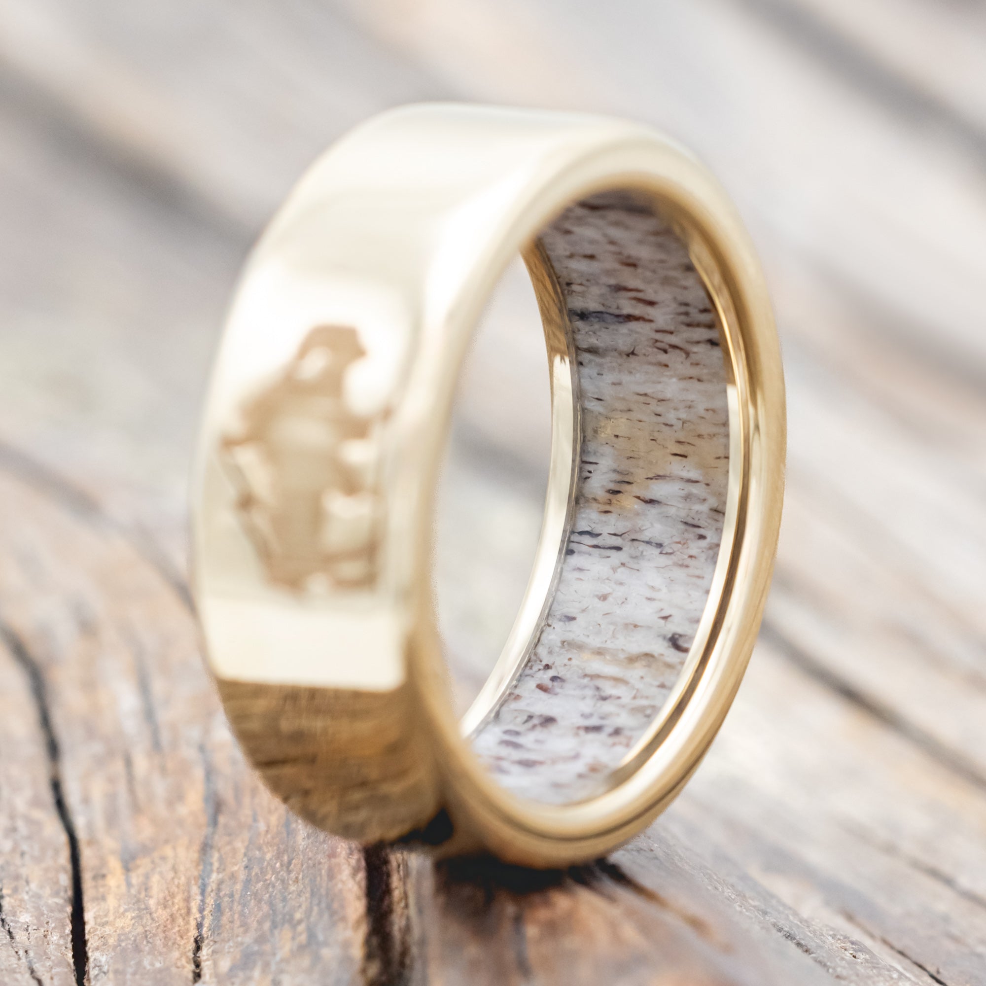 CUSTOM ENGRAVED BISON WEDDING BAND WITH ANTLER LINING-Staghead Designs