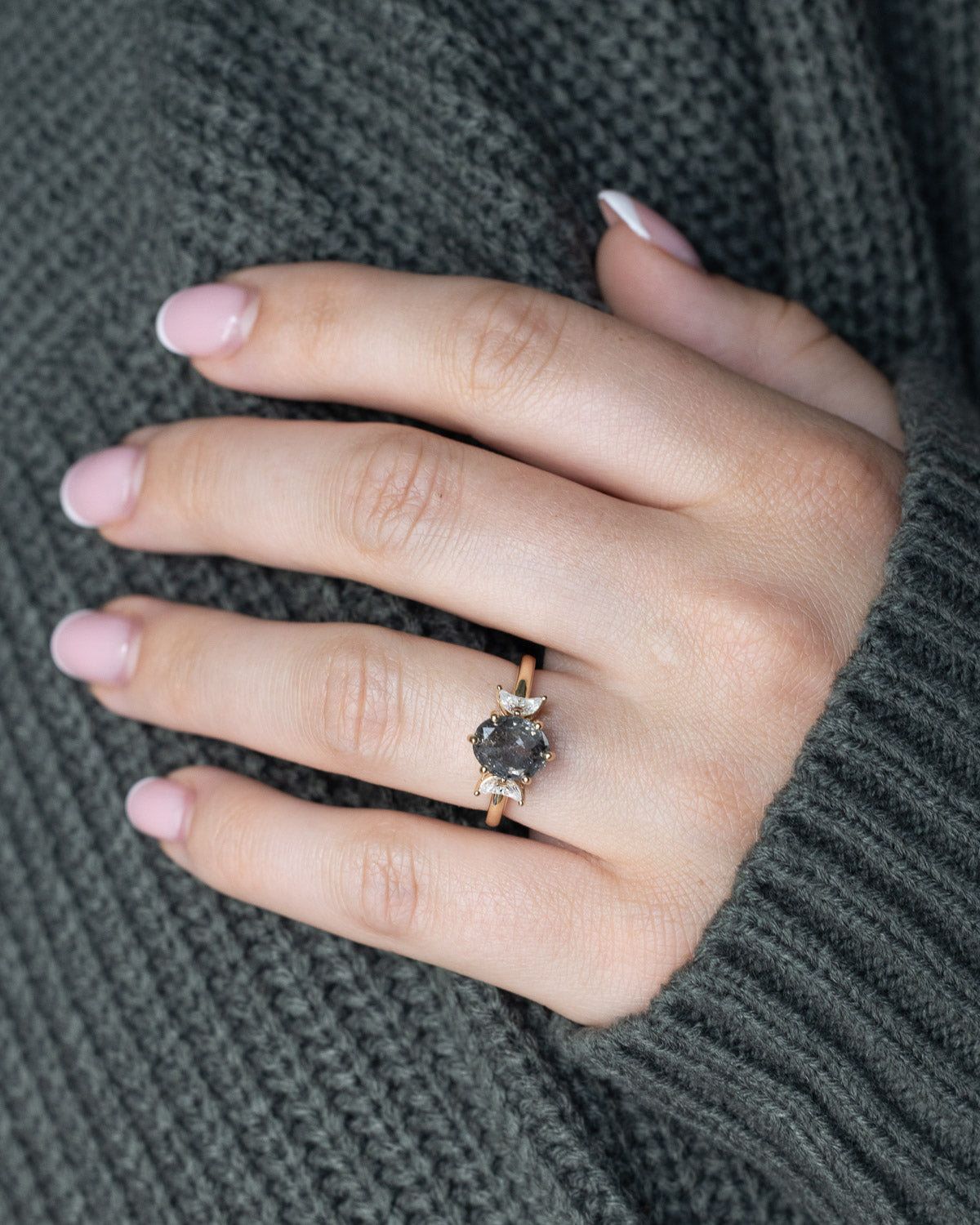 ONE-OF-A-KIND - "CANDI" - SALT & PEPPER DIAMOND ENGAGEMENT RING WITH TWO CRESCENT MOON MOISSANITE ACCENTS-Staghead Designs