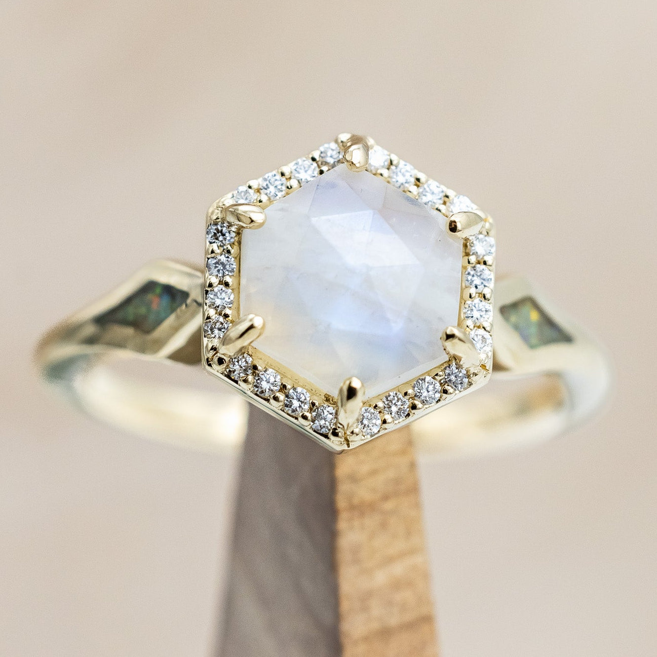 "CRAZY ON YOU" - HEXAGON MOONSTONE ENGAGEMENT RING WITH DIAMOND HALO & WHITE OPAL INLAYS-Staghead Designs