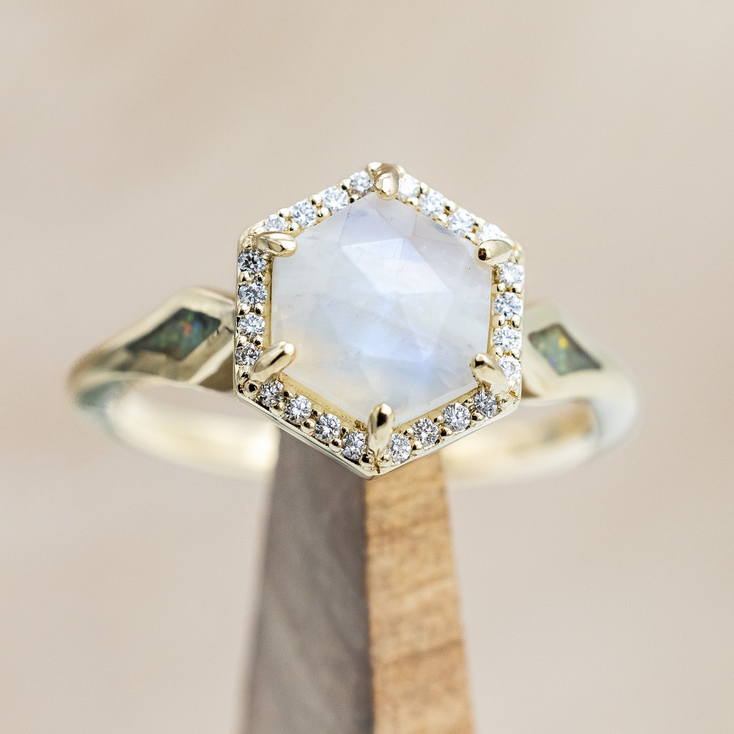 "CRAZY ON YOU" - HEXAGON MOONSTONE ENGAGEMENT RING WITH DIAMOND HALO & WHITE OPAL INLAYS-Staghead Designs