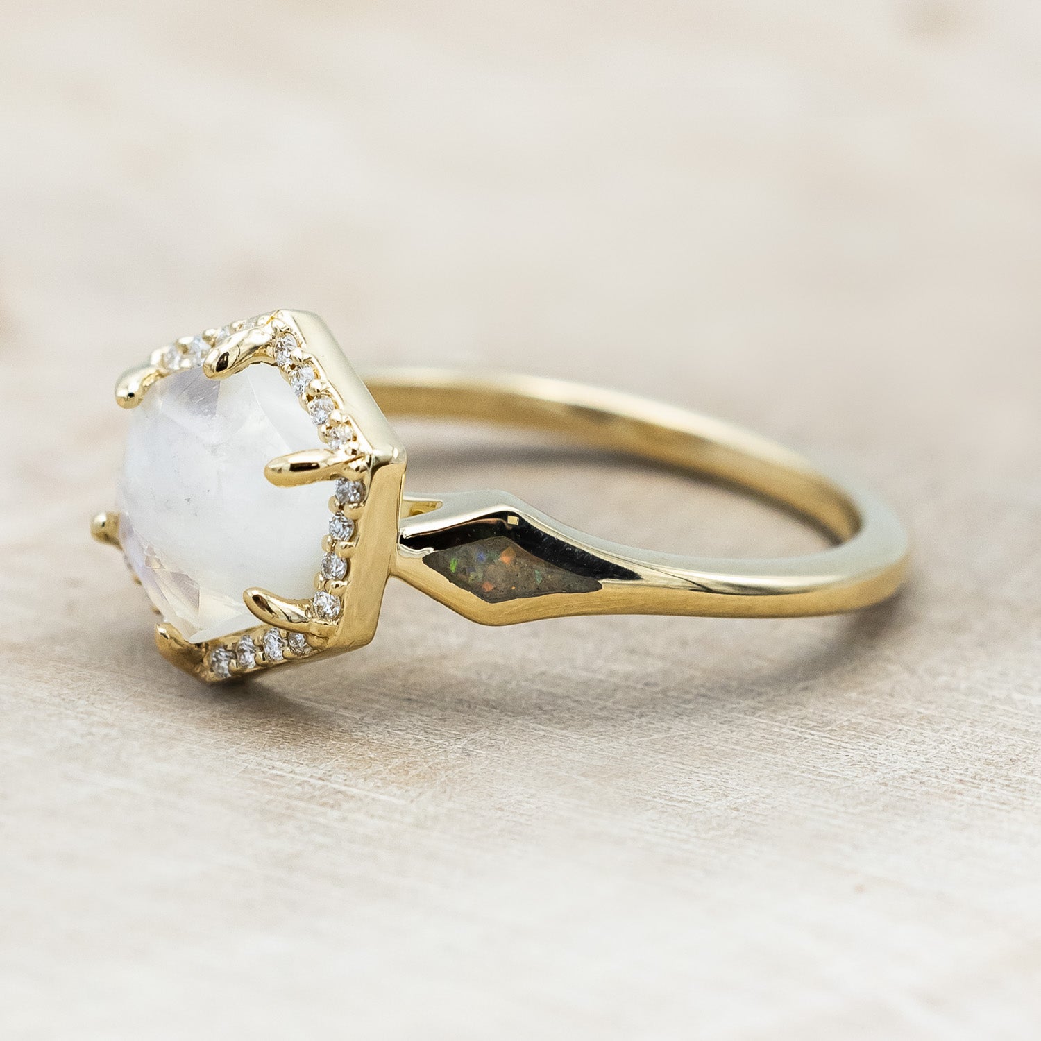 "CRAZY ON YOU" - HEXAGON MOONSTONE ENGAGEMENT RING WITH DIAMOND HALO & WHITE OPAL INLAYS-Staghead Designs