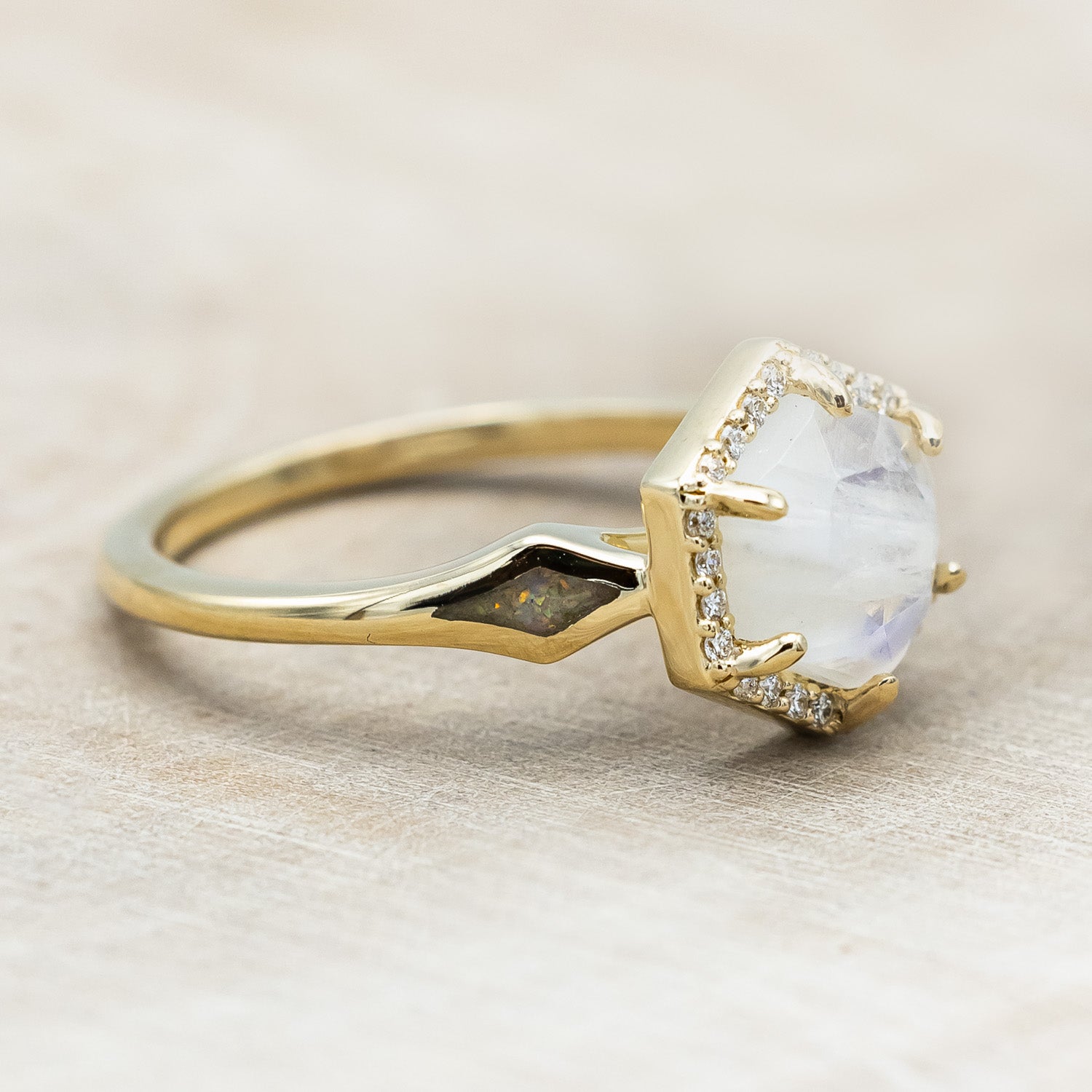 "CRAZY ON YOU" - HEXAGON MOONSTONE ENGAGEMENT RING WITH DIAMOND HALO & WHITE OPAL INLAYS-Staghead Designs