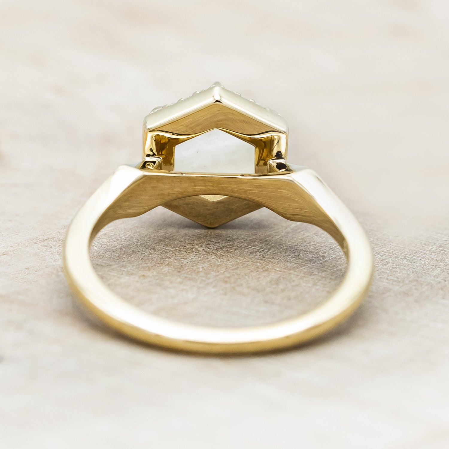 "CRAZY ON YOU" - HEXAGON MOONSTONE ENGAGEMENT RING WITH DIAMOND HALO & WHITE OPAL INLAYS-Staghead Designs