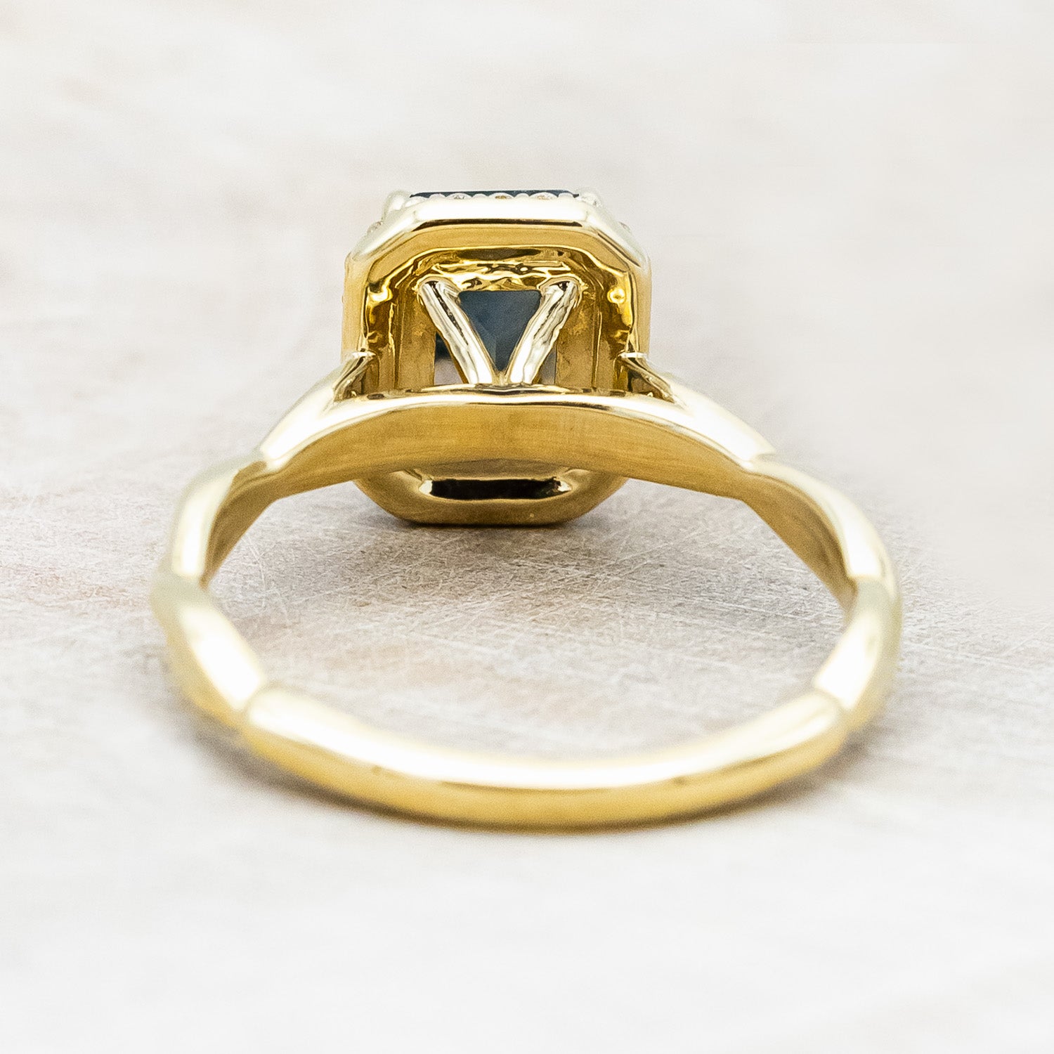 "EVERLEIGH" - EMERALD CUT MOSS AGATE WEDDING BAND SET WITH DIAMOND HALO & TWISTED STACKING BAND-Staghead Designs