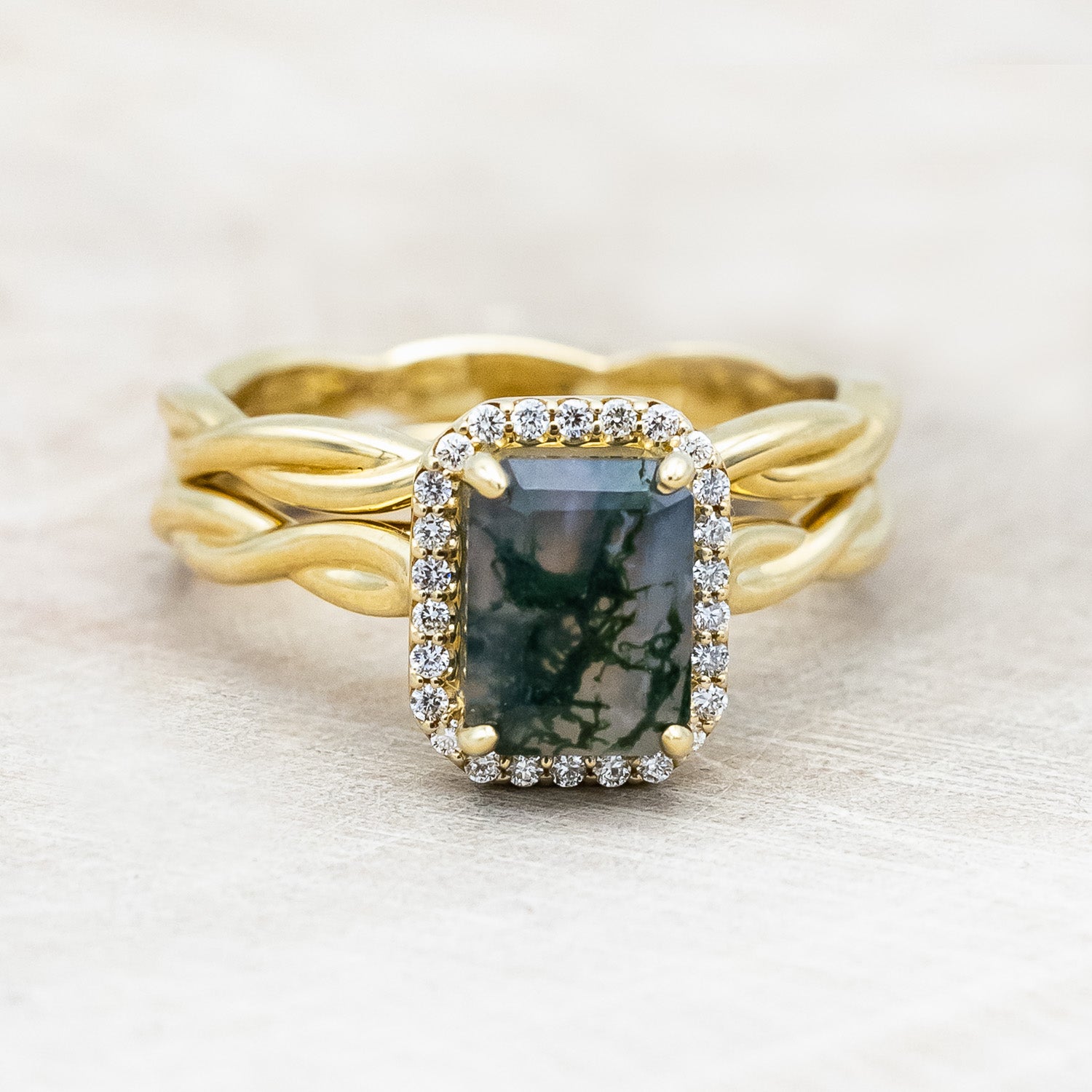 "EVERLEIGH" - EMERALD CUT MOSS AGATE WEDDING BAND SET WITH DIAMOND HALO & TWISTED STACKING BAND-Staghead Designs