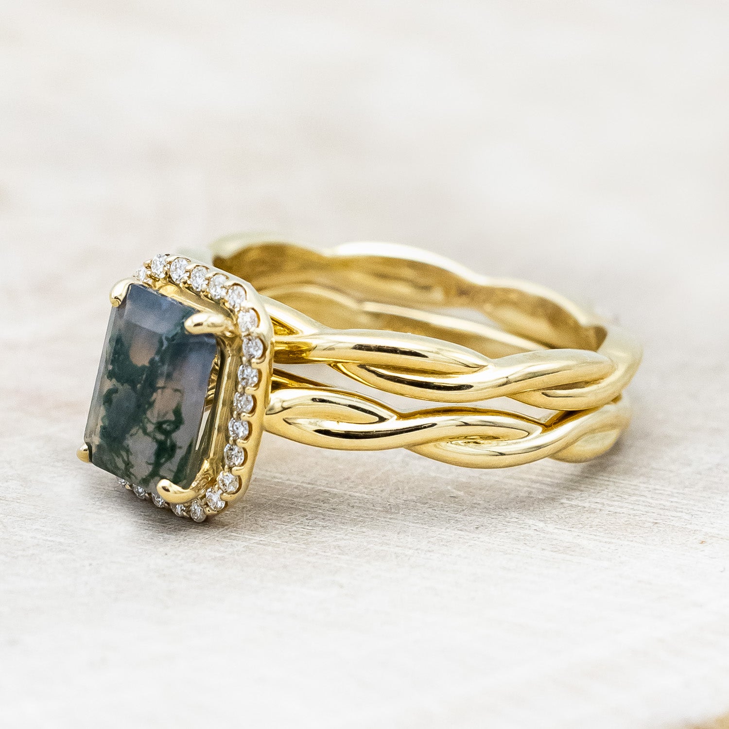 "EVERLEIGH" - EMERALD CUT MOSS AGATE WEDDING BAND SET WITH DIAMOND HALO & TWISTED STACKING BAND-Staghead Designs