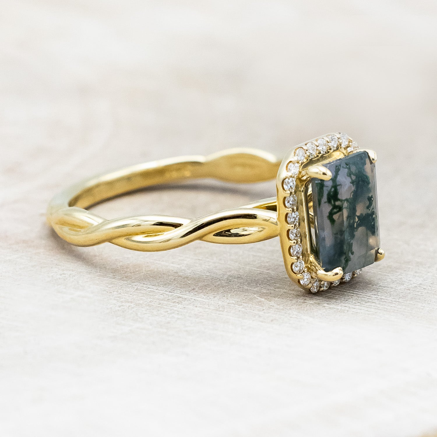 "EVERLEIGH" - EMERALD CUT MOSS AGATE WEDDING BAND SET WITH DIAMOND HALO & TWISTED STACKING BAND-Staghead Designs