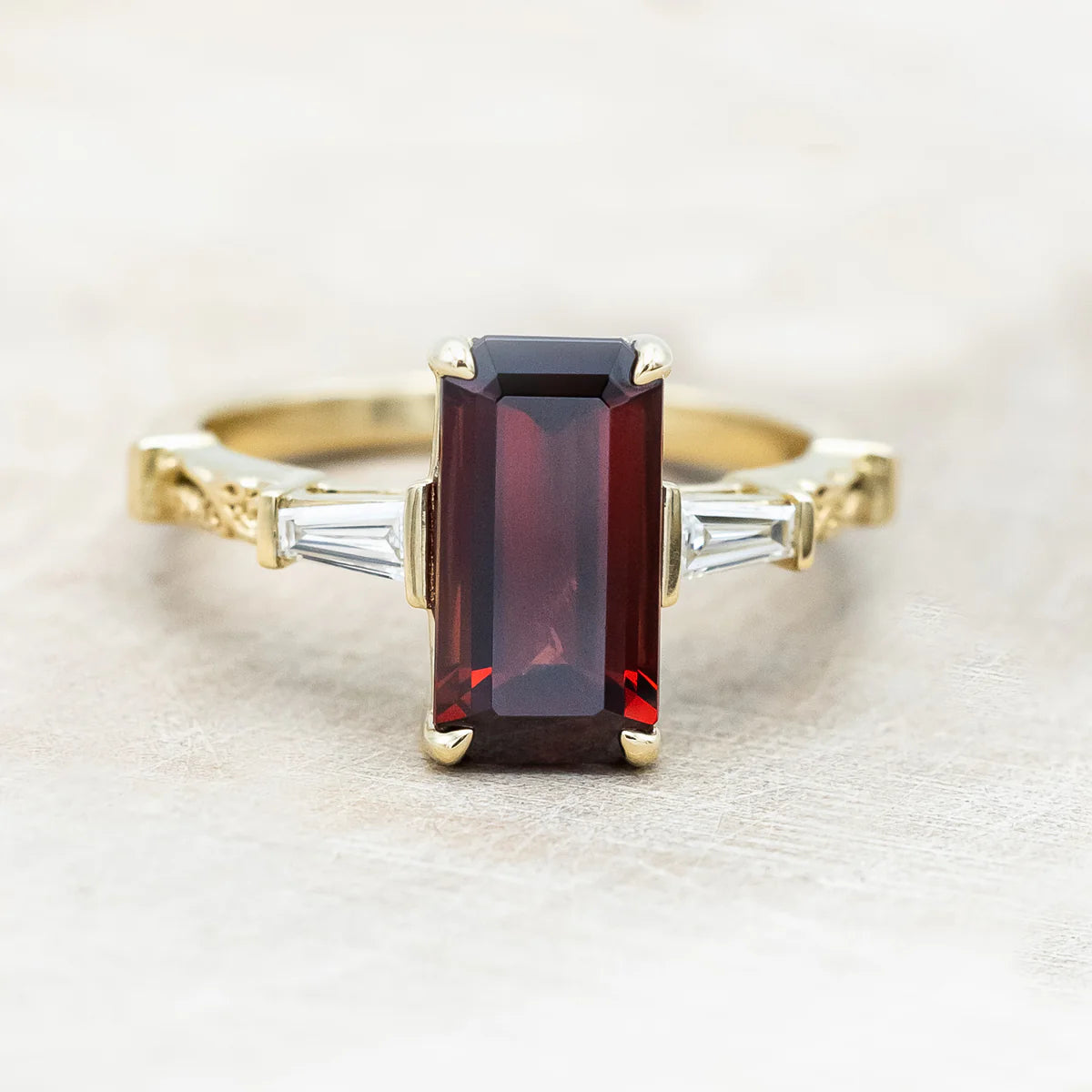 "Selena" - Emerald Cut Mozambique Garnet Engagement Ring With Diamond Accents - 14K Yellow Gold - Size 7