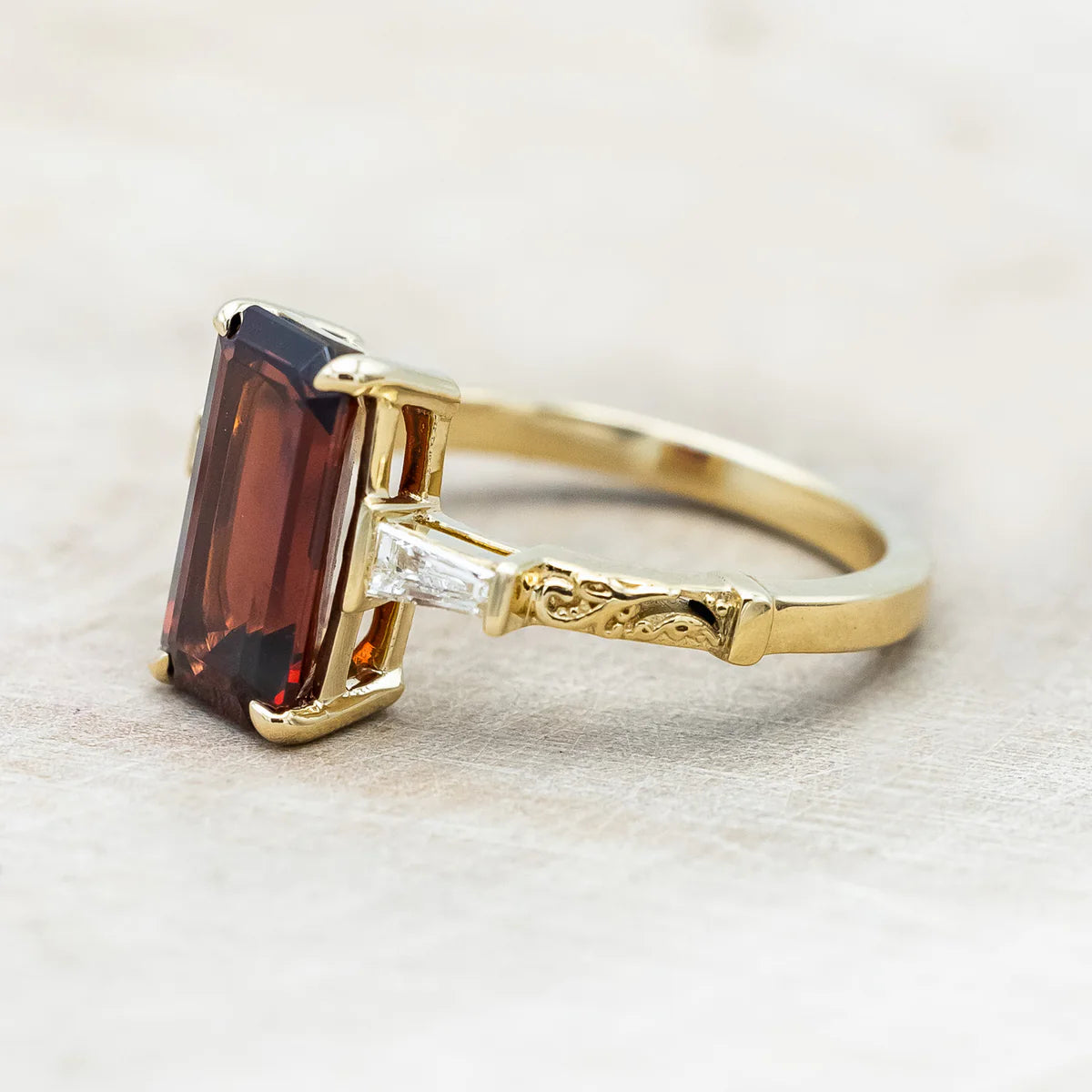"Selena" - Emerald Cut Mozambique Garnet Engagement Ring With Diamond Accents - 14K Yellow Gold - Size 7