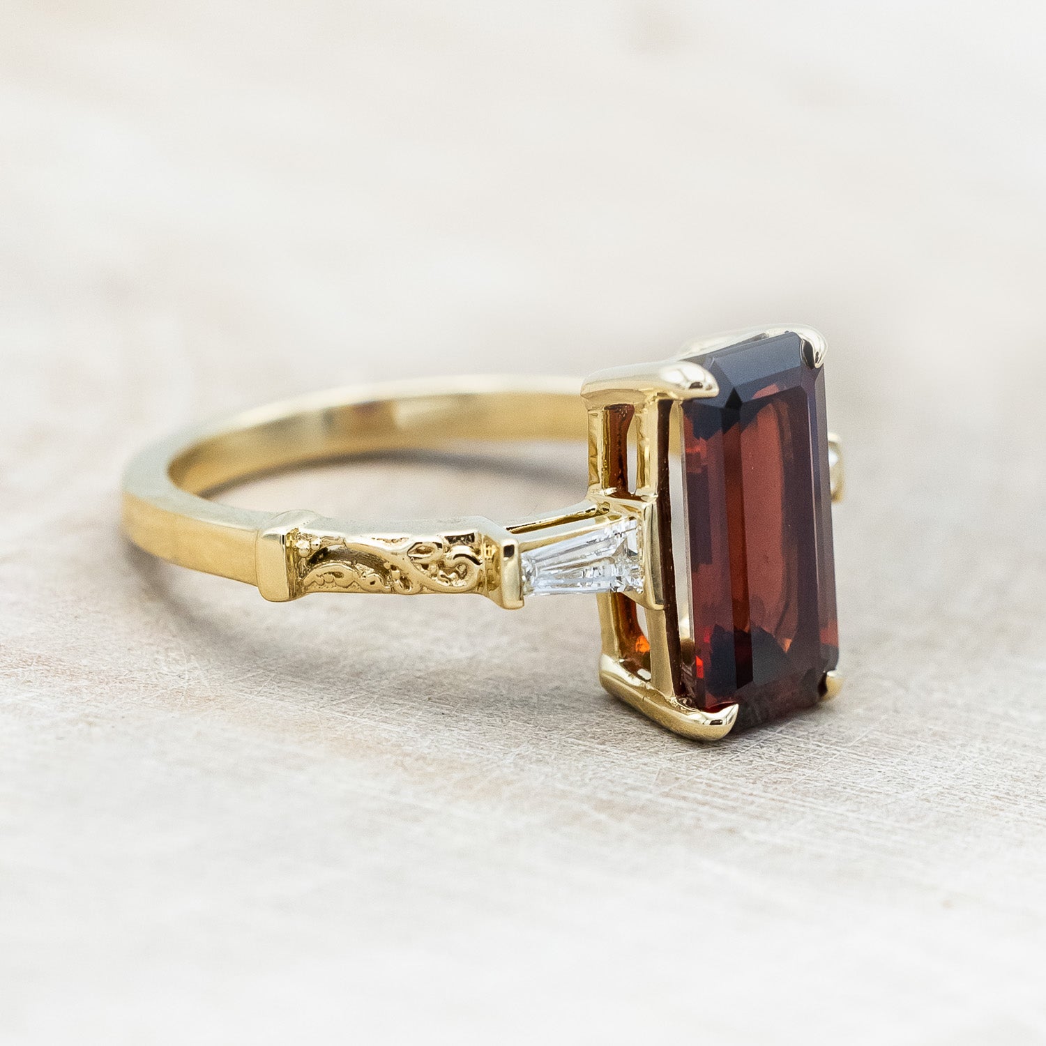 "SELENA" - EMERALD CUT MOZAMBIQUE GARNET ENGAGEMENT RING WITH DIAMOND ACCENTS-Staghead Designs