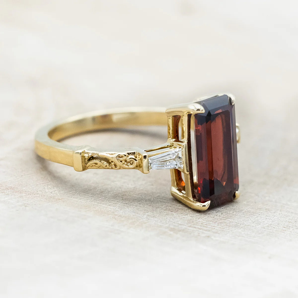 "Selena" - Emerald Cut Mozambique Garnet Engagement Ring With Diamond Accents - 14K Yellow Gold - Size 7