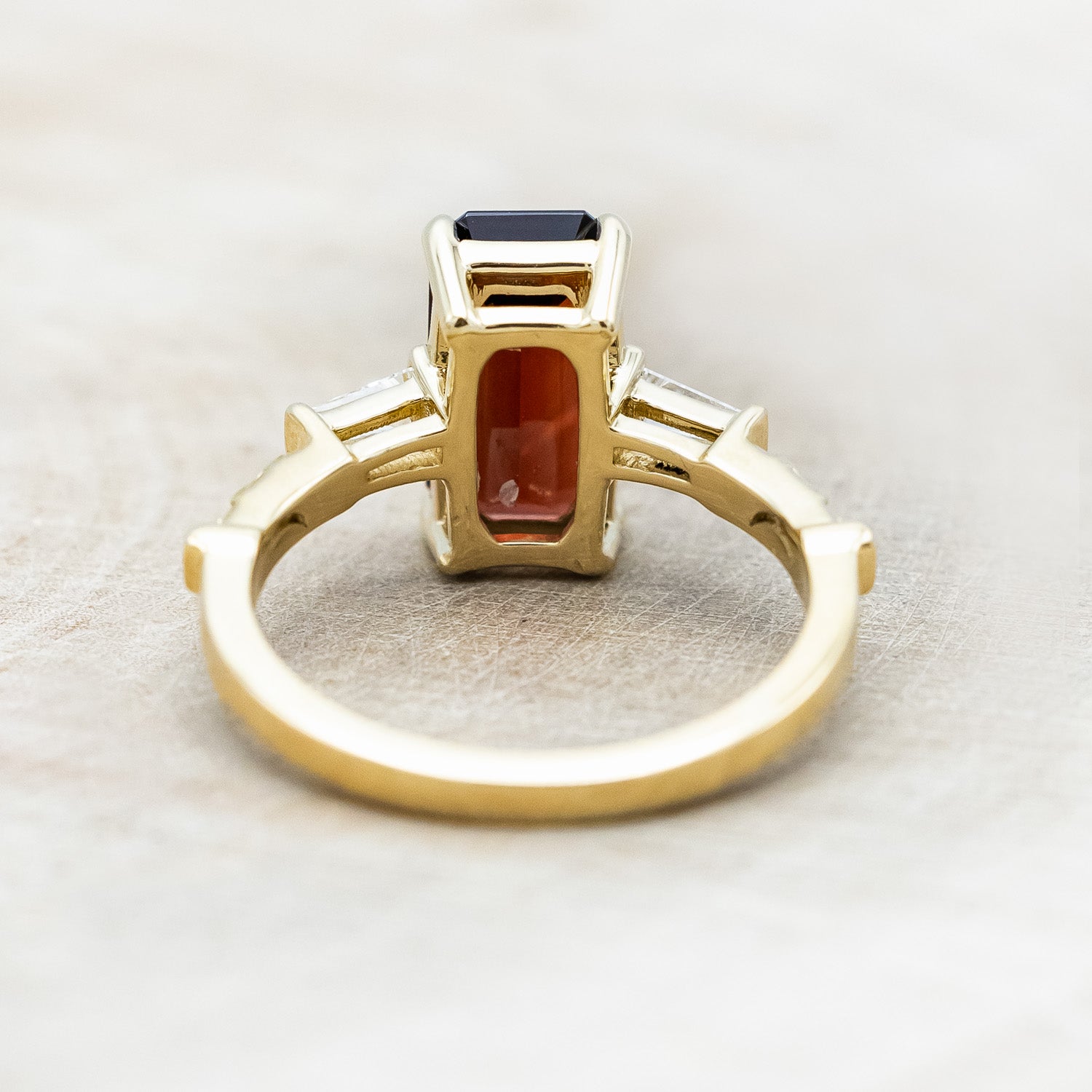 "SELENA" - EMERALD CUT MOZAMBIQUE GARNET ENGAGEMENT RING WITH DIAMOND ACCENTS-Staghead Designs