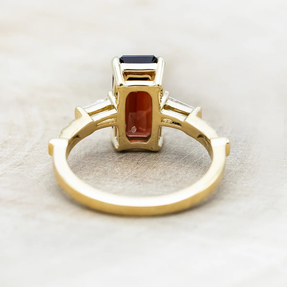 "Selena" - Emerald Cut Mozambique Garnet Engagement Ring With Diamond Accents - 14K Yellow Gold - Size 7