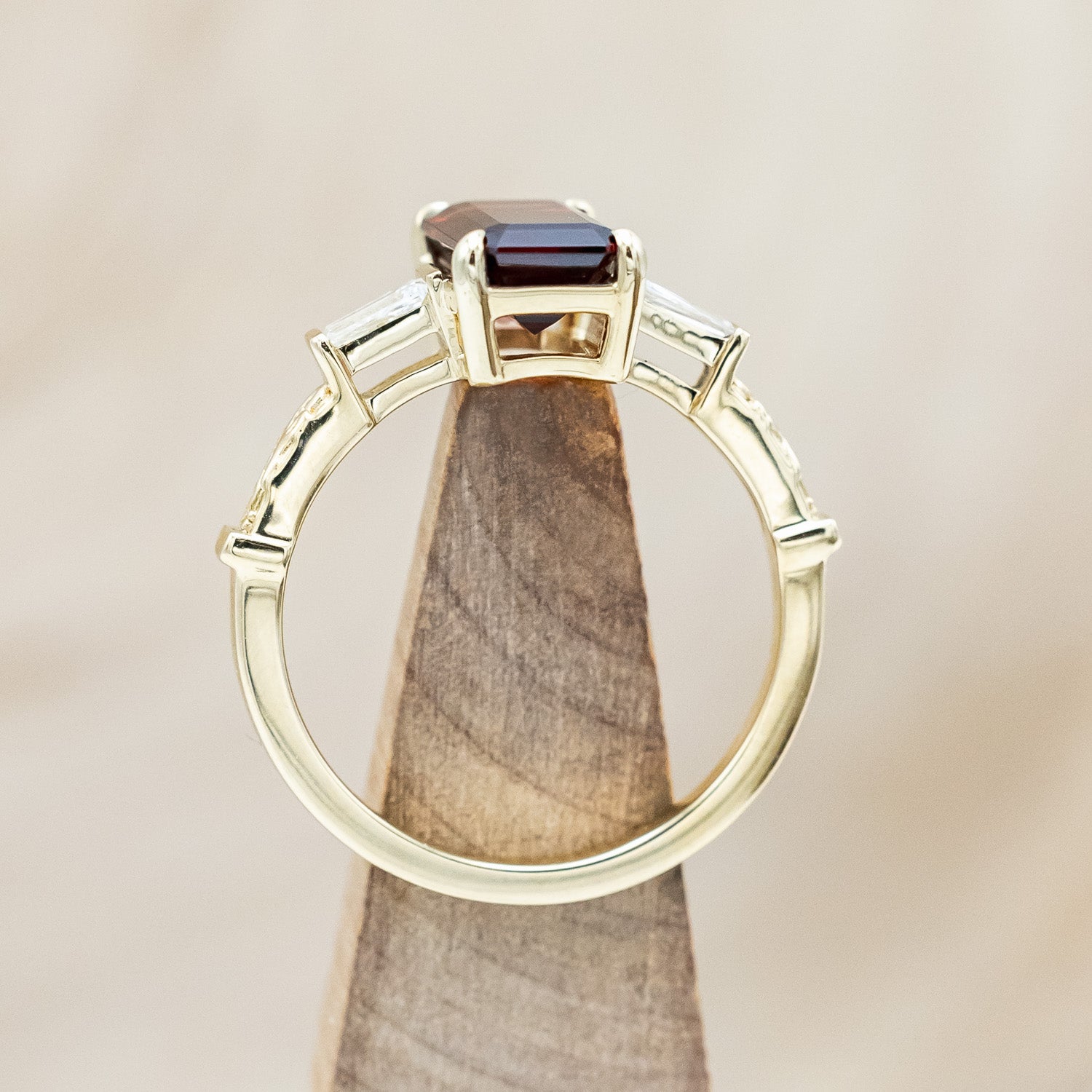 "SELENA" - EMERALD CUT MOZAMBIQUE GARNET ENGAGEMENT RING WITH DIAMOND ACCENTS-Staghead Designs