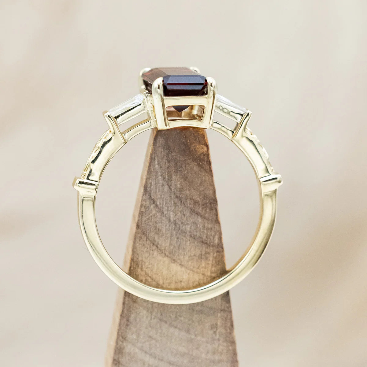 "Selena" - Emerald Cut Mozambique Garnet Engagement Ring With Diamond Accents - 14K Yellow Gold - Size 7
