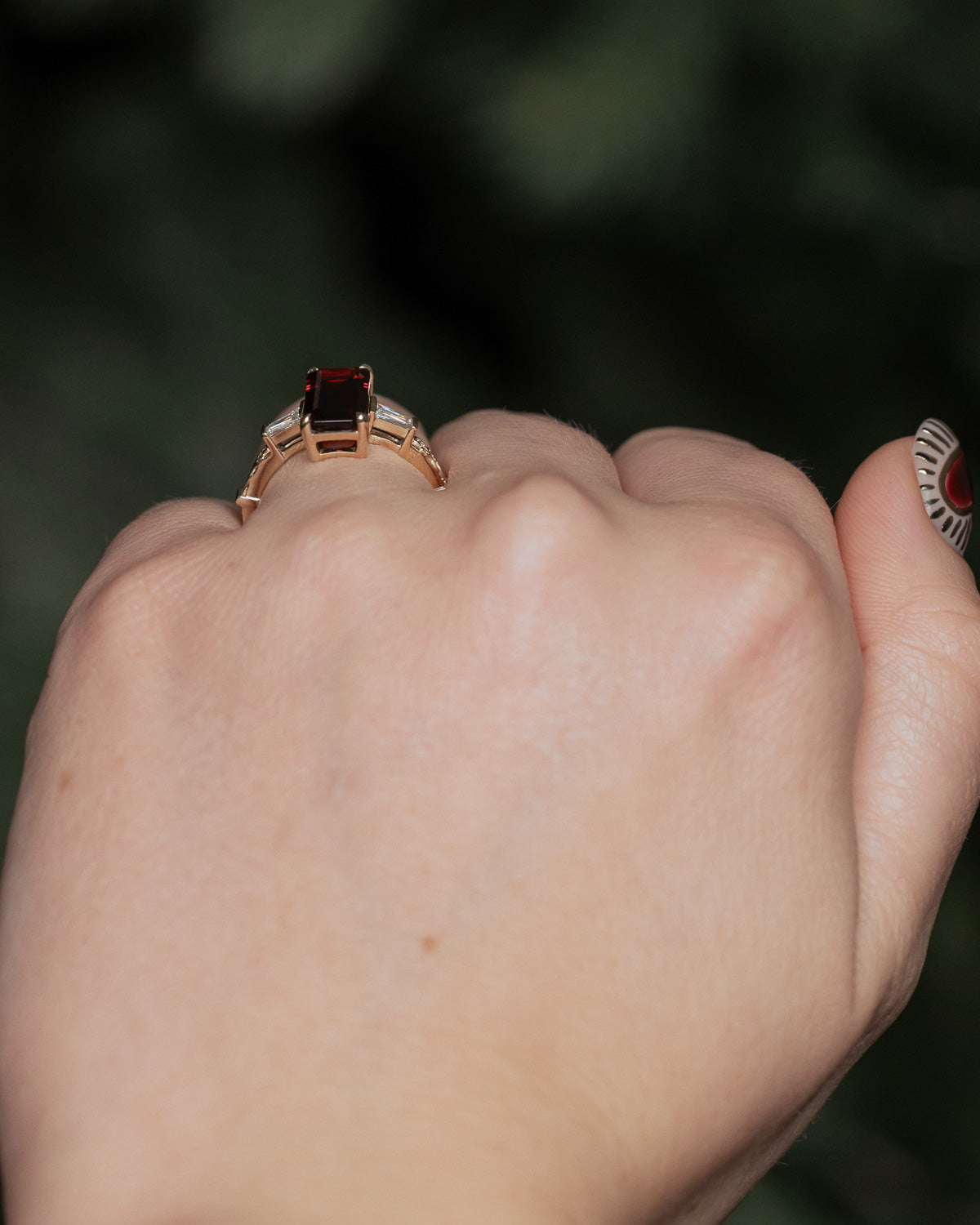 "SELENA" - EMERALD CUT MOZAMBIQUE GARNET ENGAGEMENT RING WITH DIAMOND ACCENTS-Staghead Designs