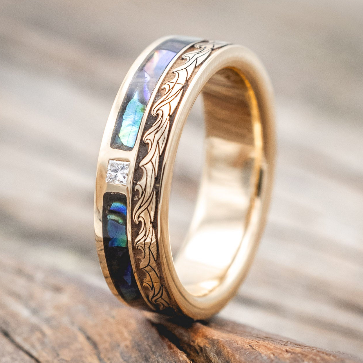 "SEBASTIAN" - WAVE ENGRAVED WEDDING BAND WITH DIAMOND, PAUA SHELL INLAY-Staghead Designs