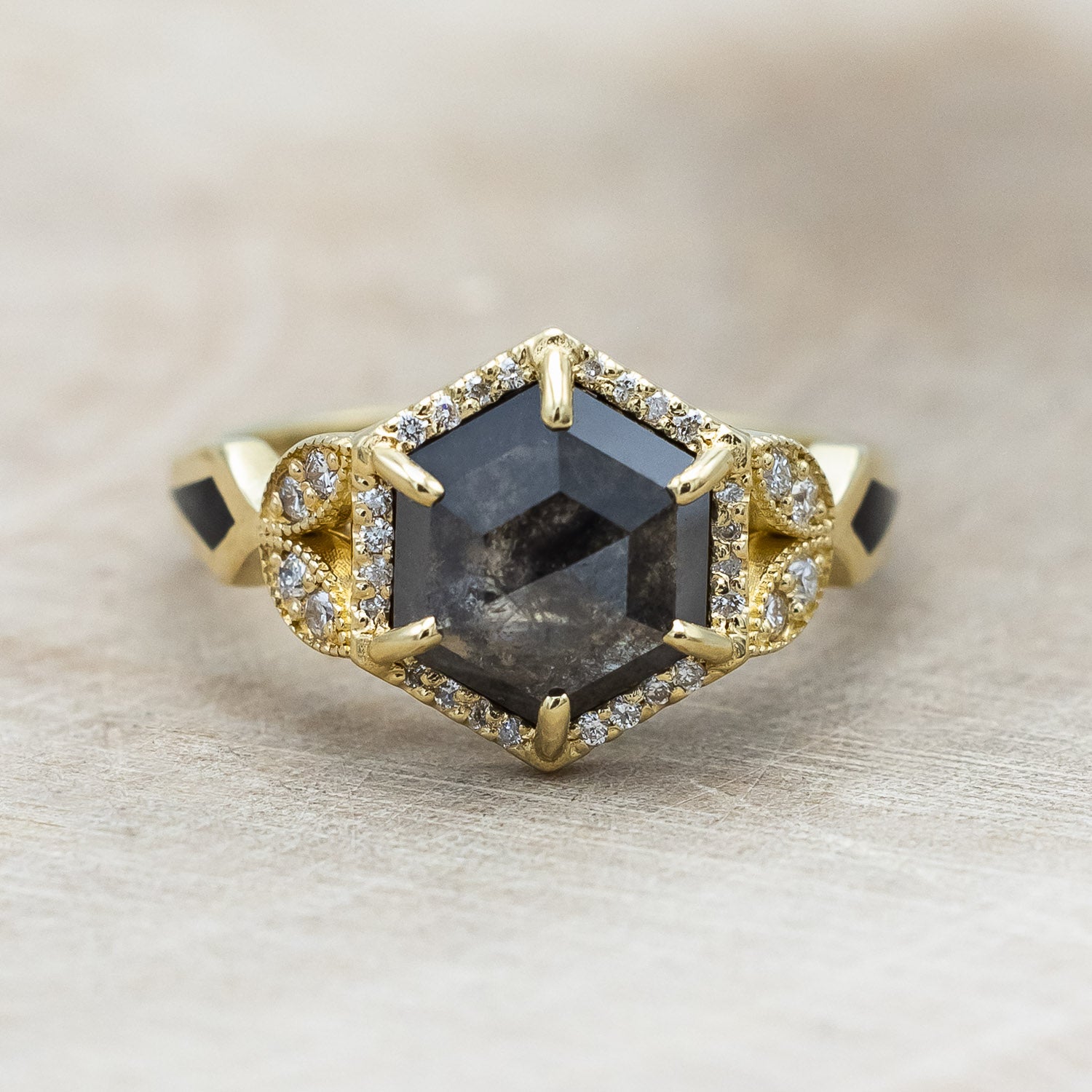 "LUCY IN THE SKY" - HEXAGON ROSECUT SALT & PEPPER ENGAGEMENT RING WITH JET STONE INLAYS-Staghead Designs