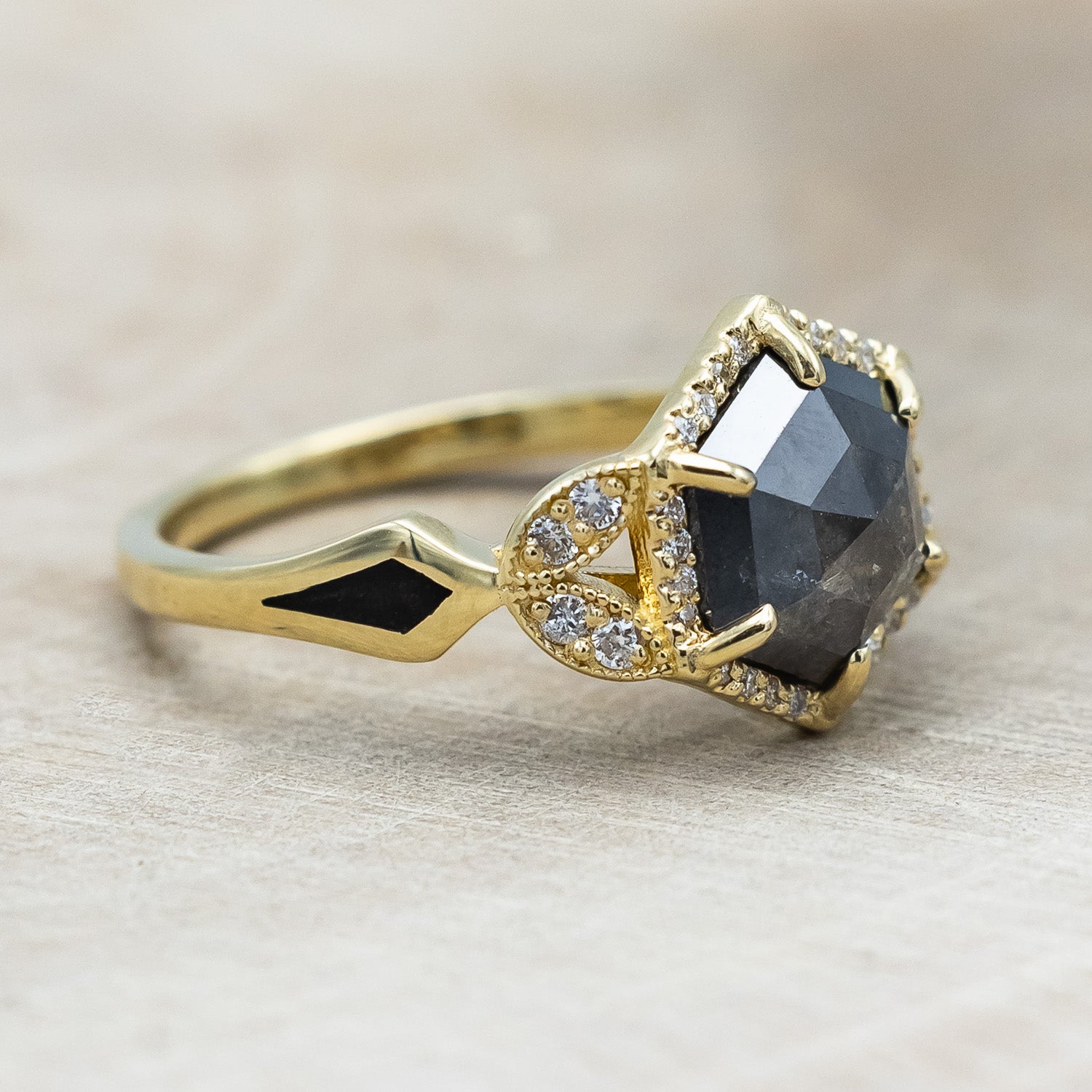 "LUCY IN THE SKY" - HEXAGON ROSECUT SALT & PEPPER ENGAGEMENT RING WITH JET STONE INLAYS-Staghead Designs