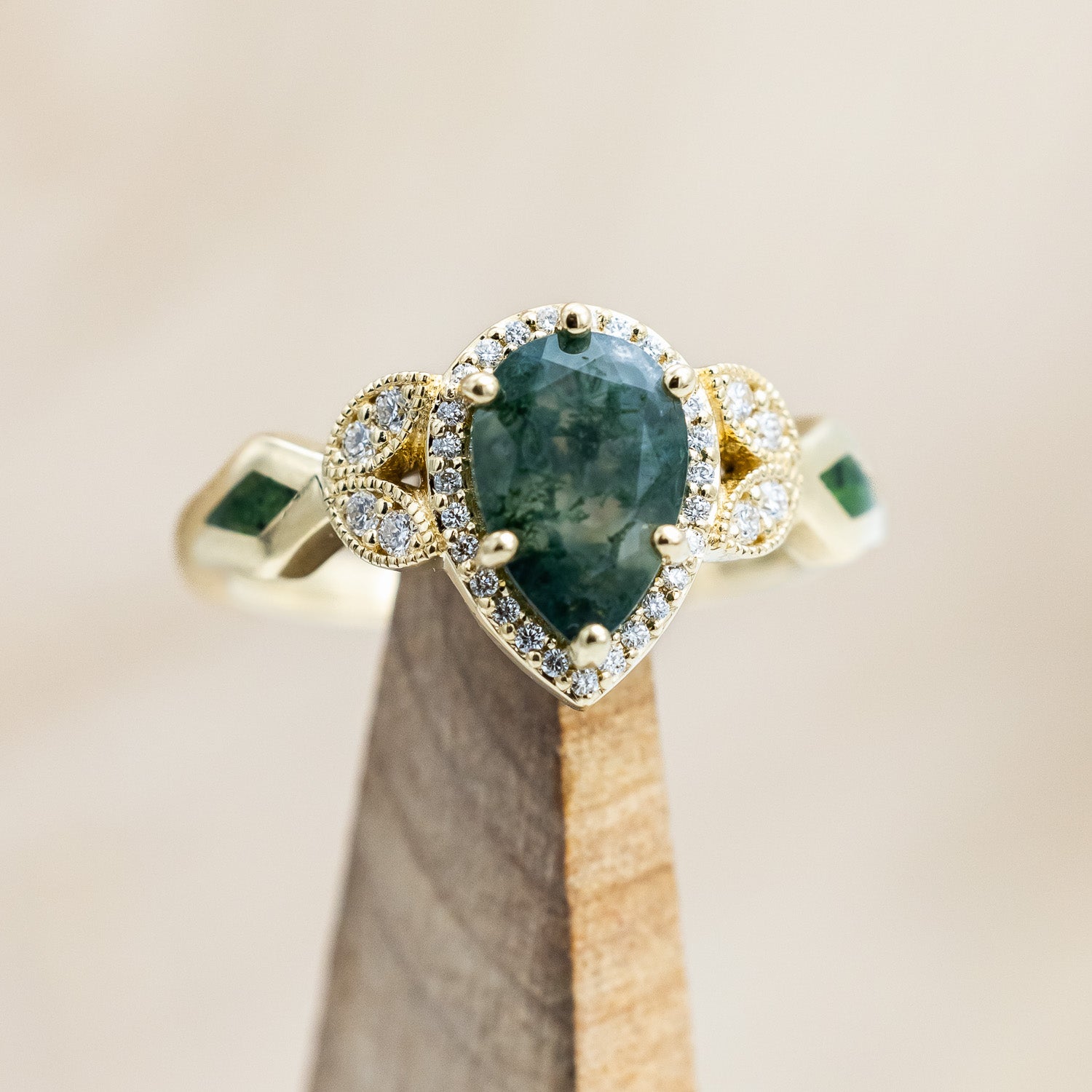"LUCY IN THE SKY" - PEAR CUT MOSS AGATE ENGAGEMENT RING WITH DIAMOND HALO & MOSS INLAYS-Staghead Designs