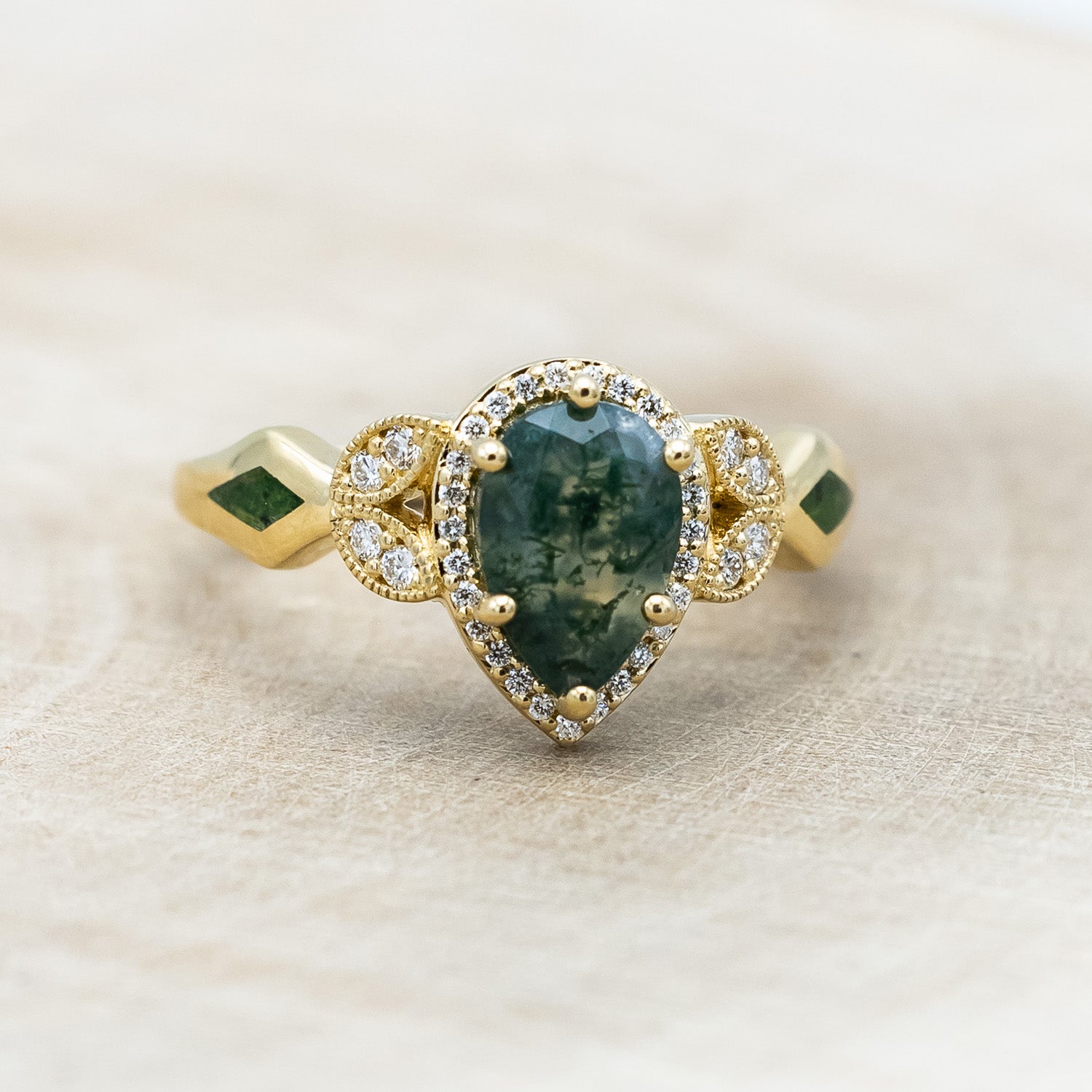 "LUCY IN THE SKY" - PEAR CUT MOSS AGATE ENGAGEMENT RING WITH DIAMOND HALO & MOSS INLAYS-Staghead Designs