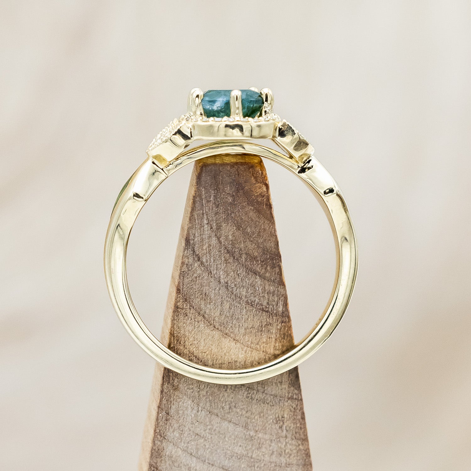 "LUCY IN THE SKY" - PEAR CUT MOSS AGATE ENGAGEMENT RING WITH DIAMOND HALO & MOSS INLAYS-Staghead Designs