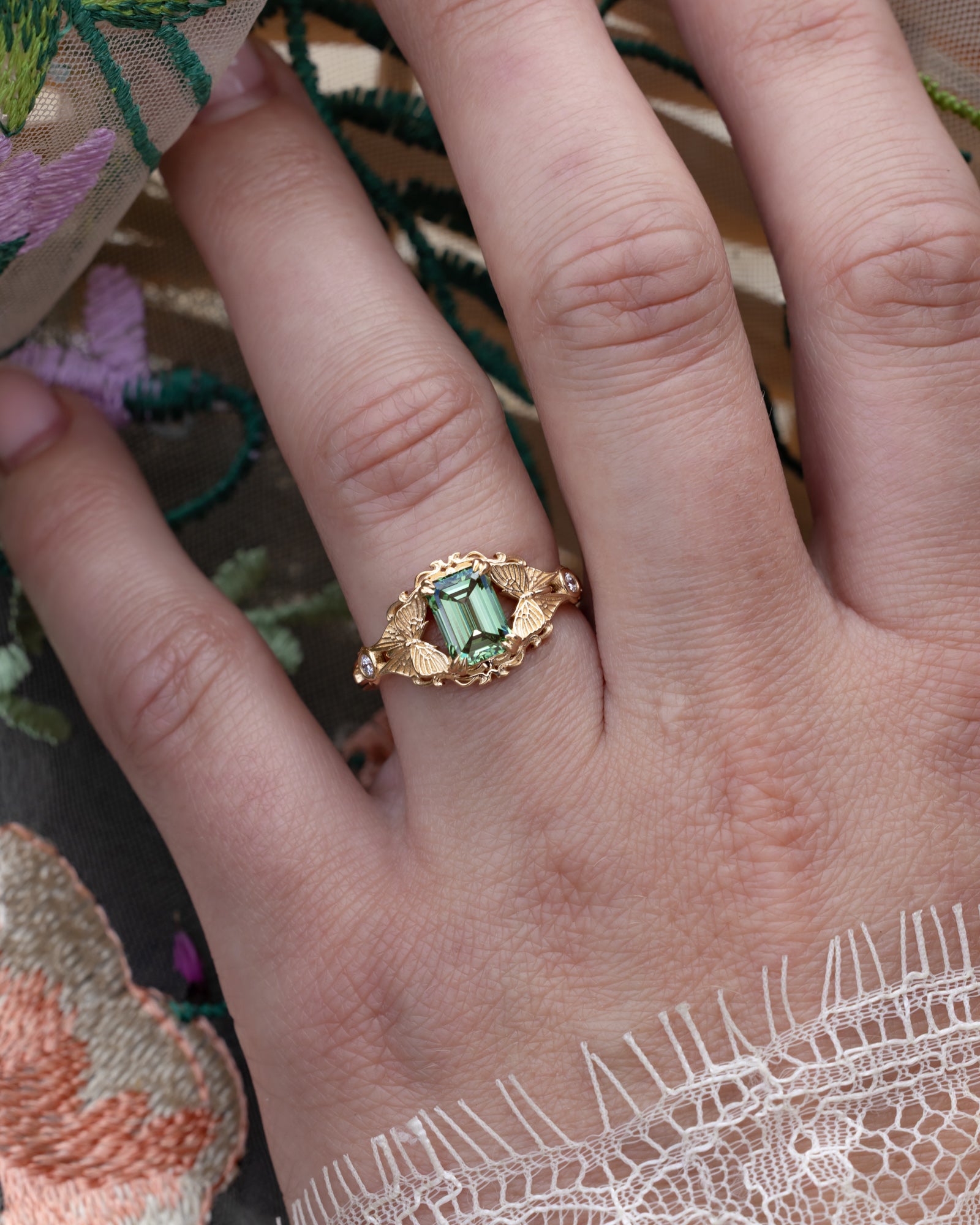 ONE-OF-A-KIND - "LUNA" - MOTH-INSPIRED ENGAGEMENT RING FEATURING EMERALD CUT LAB-GROWN GREEN DIAMOND WITH DIAMOND ACCENTS-Staghead Designs
