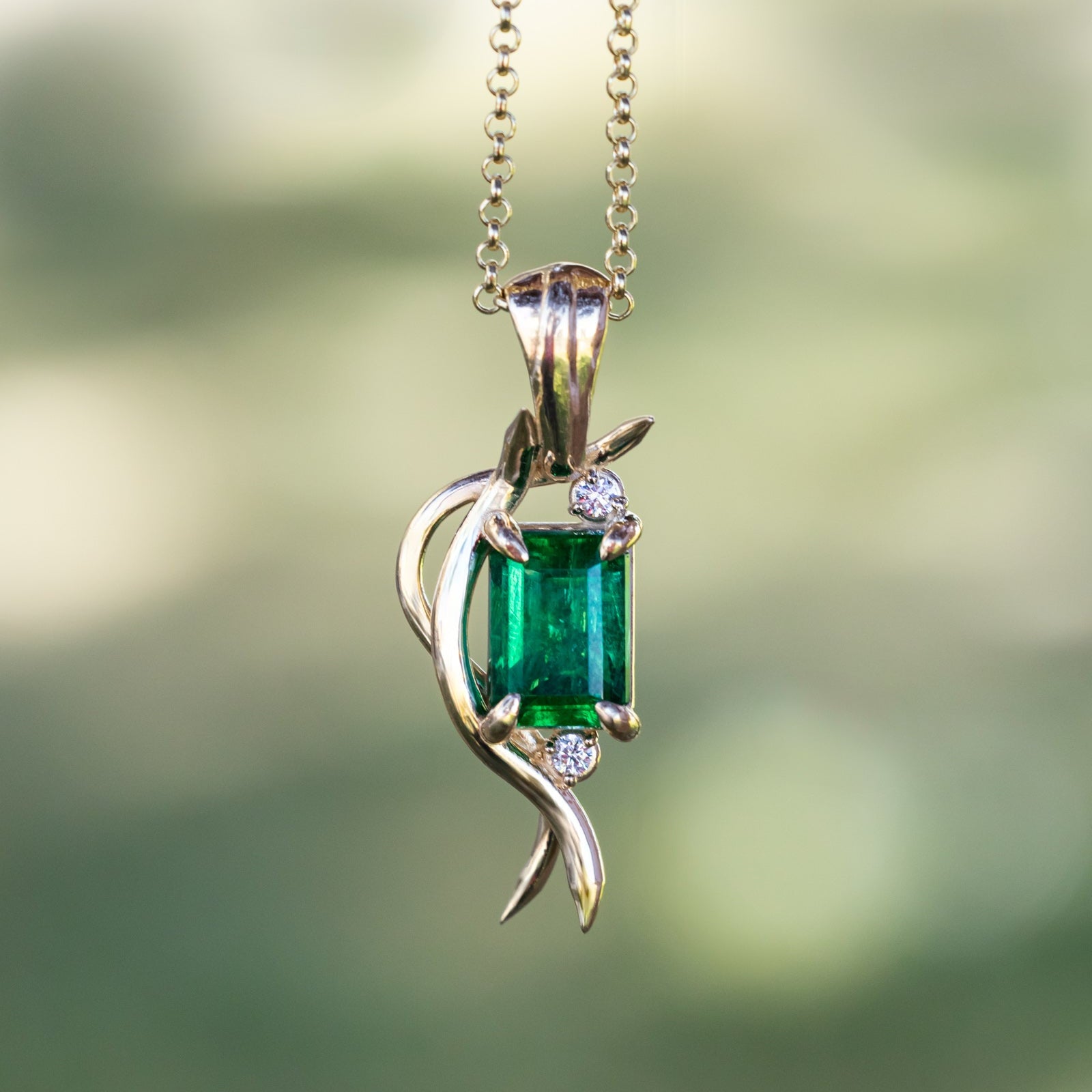 ONE-OF-A-KIND - "QUEEN E" - EMERALD CUT NATURAL EMERALD PENDANT WITH CLAW PRONGS & DIAMOND ACCENTS IN 14K GOLD-Staghead Designs