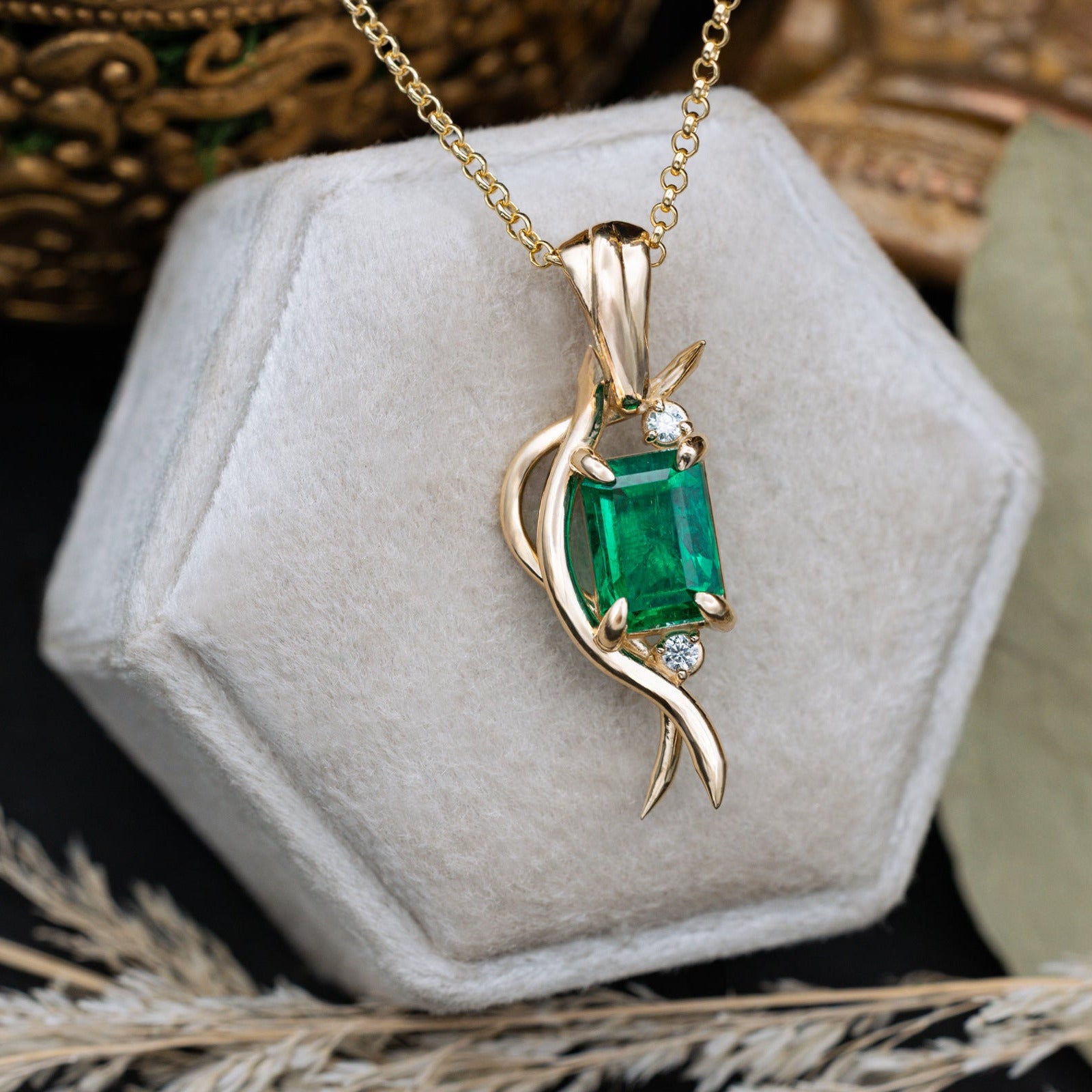 ONE-OF-A-KIND - "QUEEN E" - EMERALD CUT NATURAL EMERALD PENDANT WITH CLAW PRONGS & DIAMOND ACCENTS IN 14K GOLD-Staghead Designs