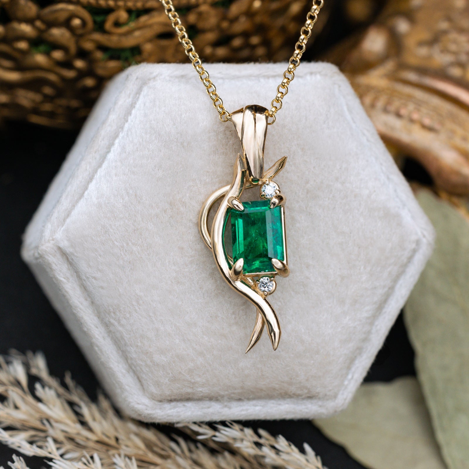 ONE-OF-A-KIND - "QUEEN E" - EMERALD CUT NATURAL EMERALD PENDANT WITH CLAW PRONGS & DIAMOND ACCENTS IN 14K GOLD-Staghead Designs