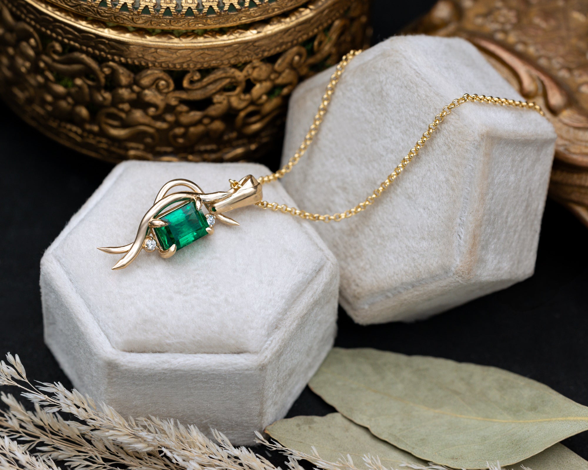 ONE-OF-A-KIND - "QUEEN E" - EMERALD CUT NATURAL EMERALD PENDANT WITH CLAW PRONGS & DIAMOND ACCENTS IN 14K GOLD-Staghead Designs