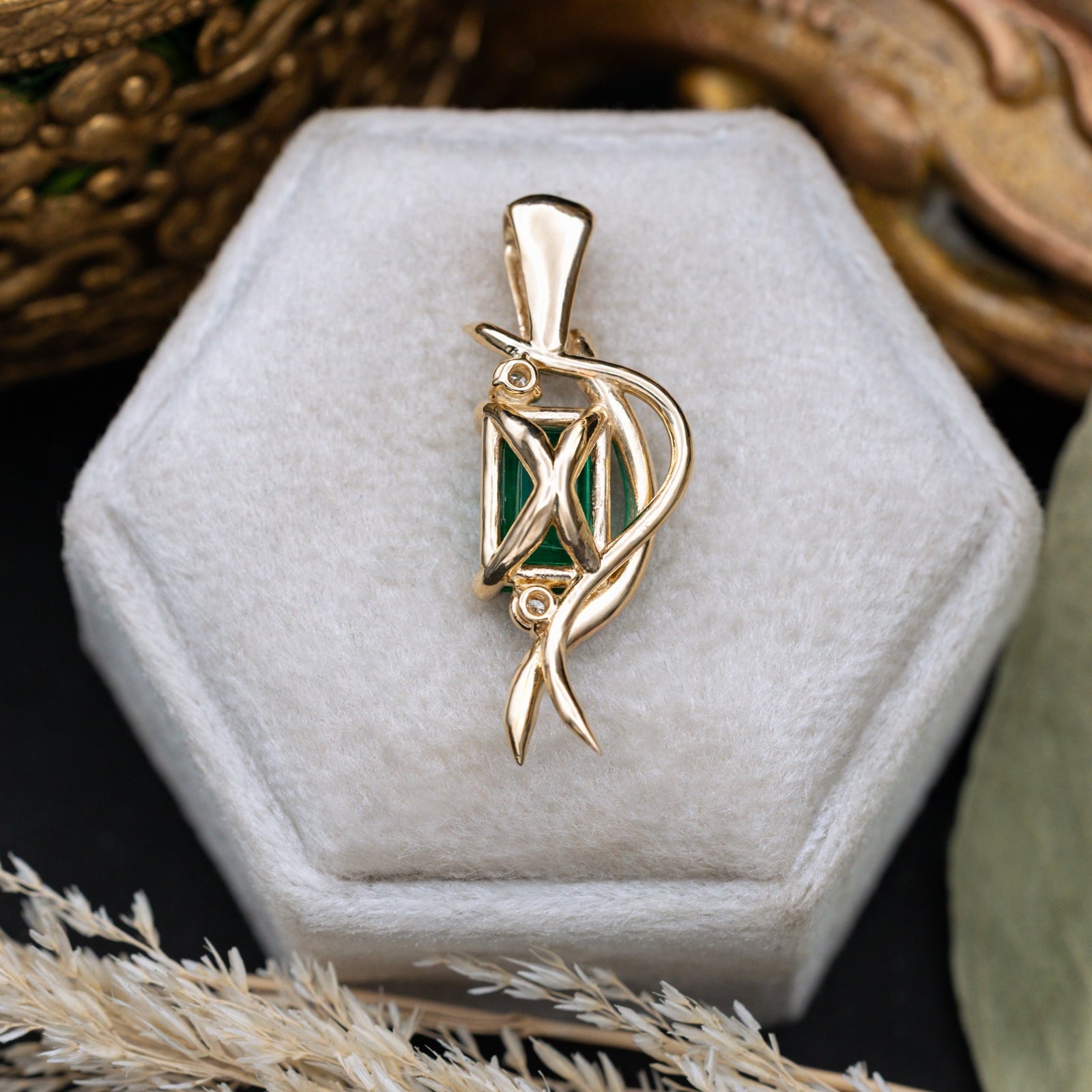 ONE-OF-A-KIND - "QUEEN E" - EMERALD CUT NATURAL EMERALD PENDANT WITH CLAW PRONGS & DIAMOND ACCENTS IN 14K GOLD-Staghead Designs