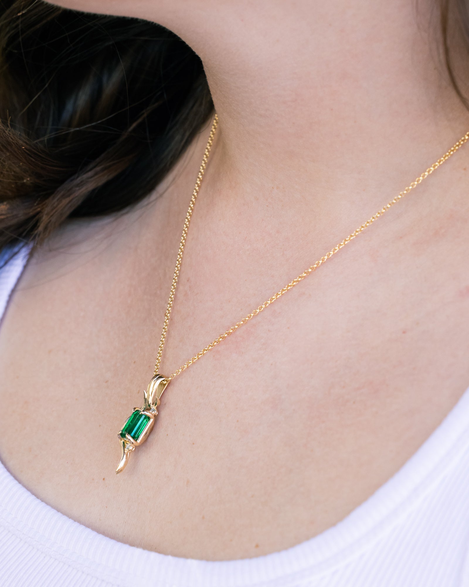 ONE-OF-A-KIND - "QUEEN E" - EMERALD CUT NATURAL EMERALD PENDANT WITH CLAW PRONGS & DIAMOND ACCENTS IN 14K GOLD-Staghead Designs