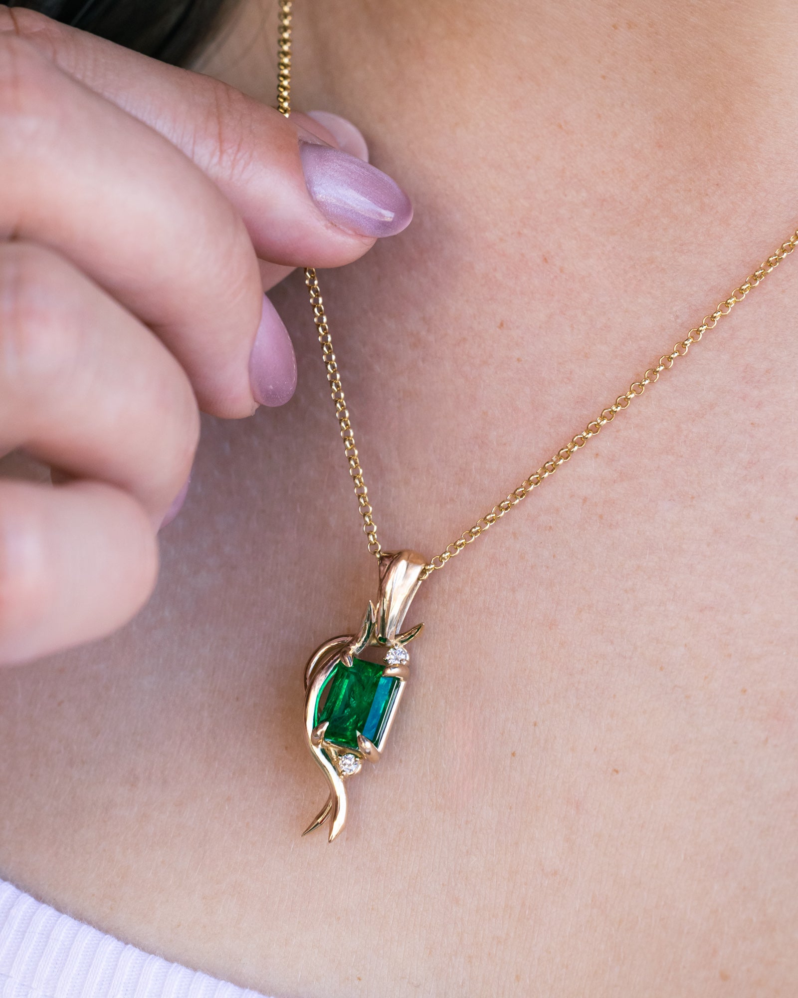 ONE-OF-A-KIND - "QUEEN E" - EMERALD CUT NATURAL EMERALD PENDANT WITH CLAW PRONGS & DIAMOND ACCENTS IN 14K GOLD-Staghead Designs