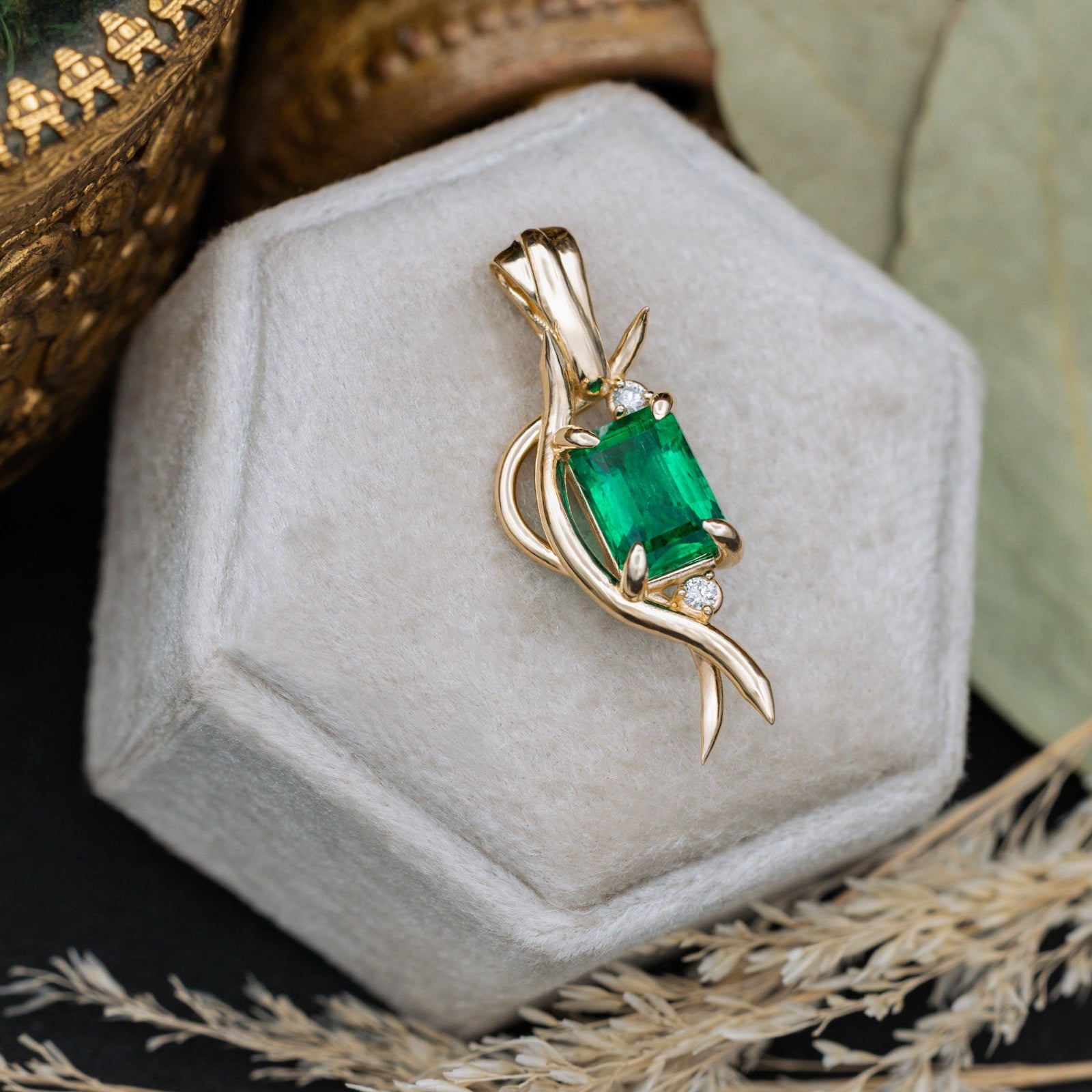 ONE-OF-A-KIND - "QUEEN E" - EMERALD CUT NATURAL EMERALD PENDANT WITH CLAW PRONGS & DIAMOND ACCENTS IN 14K GOLD-Staghead Designs