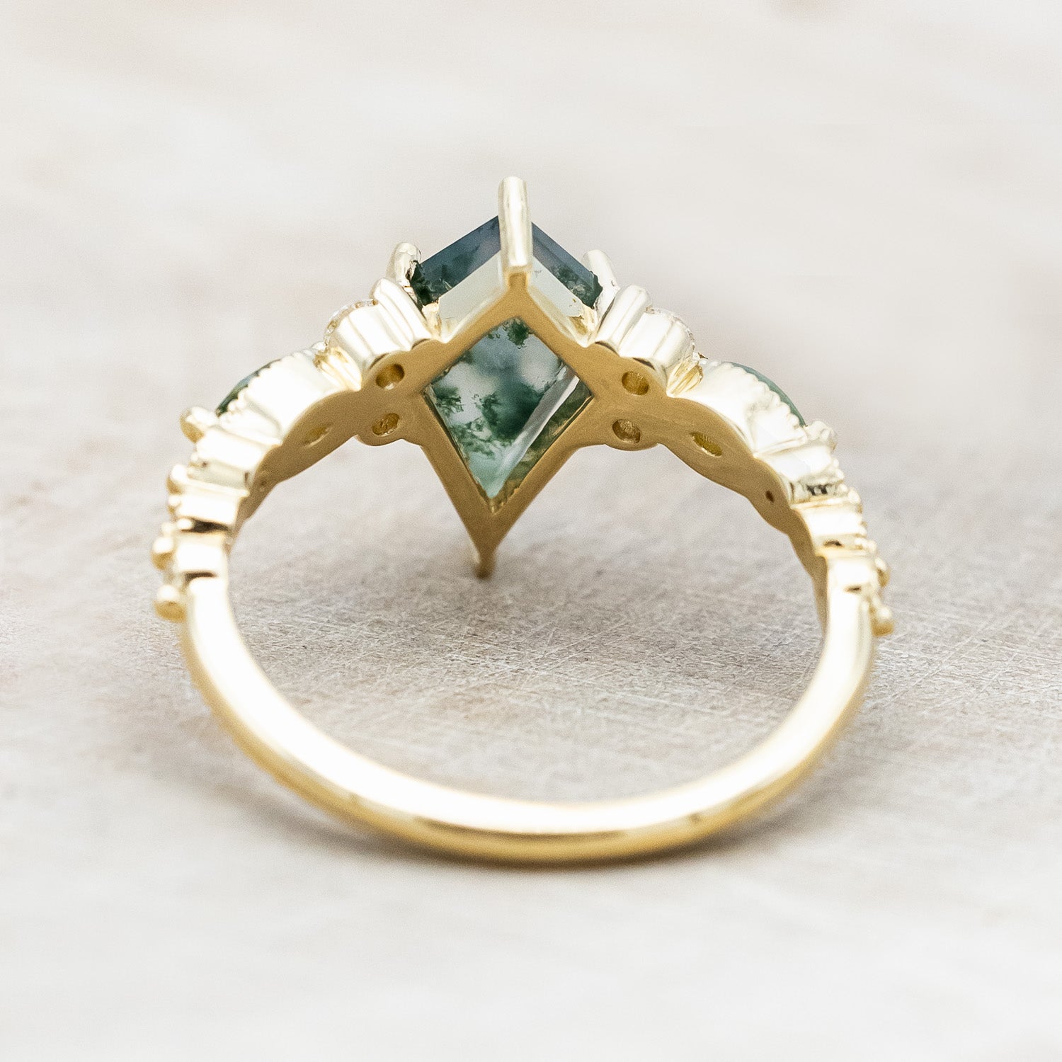"SHIMMERING SAGE" - KITE CUT MOSS AGATE ENGAGEMENT RING WITH MARQUISE MOSS AGATE ACCENTS & A DIAMOND TRACER-Staghead Designs