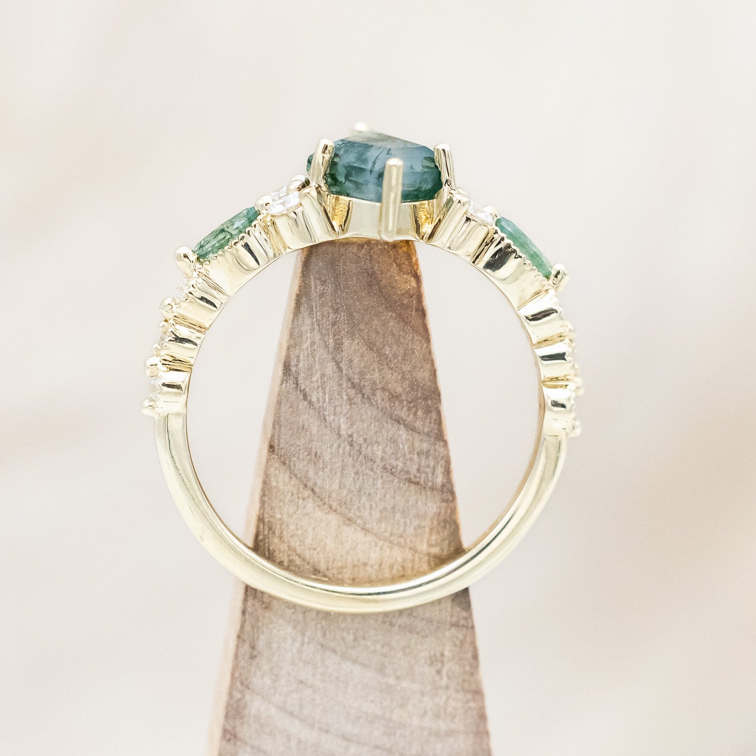 "SHIMMERING SAGE" - KITE CUT MOSS AGATE ENGAGEMENT RING WITH MARQUISE MOSS AGATE ACCENTS & A DIAMOND TRACER-Staghead Designs