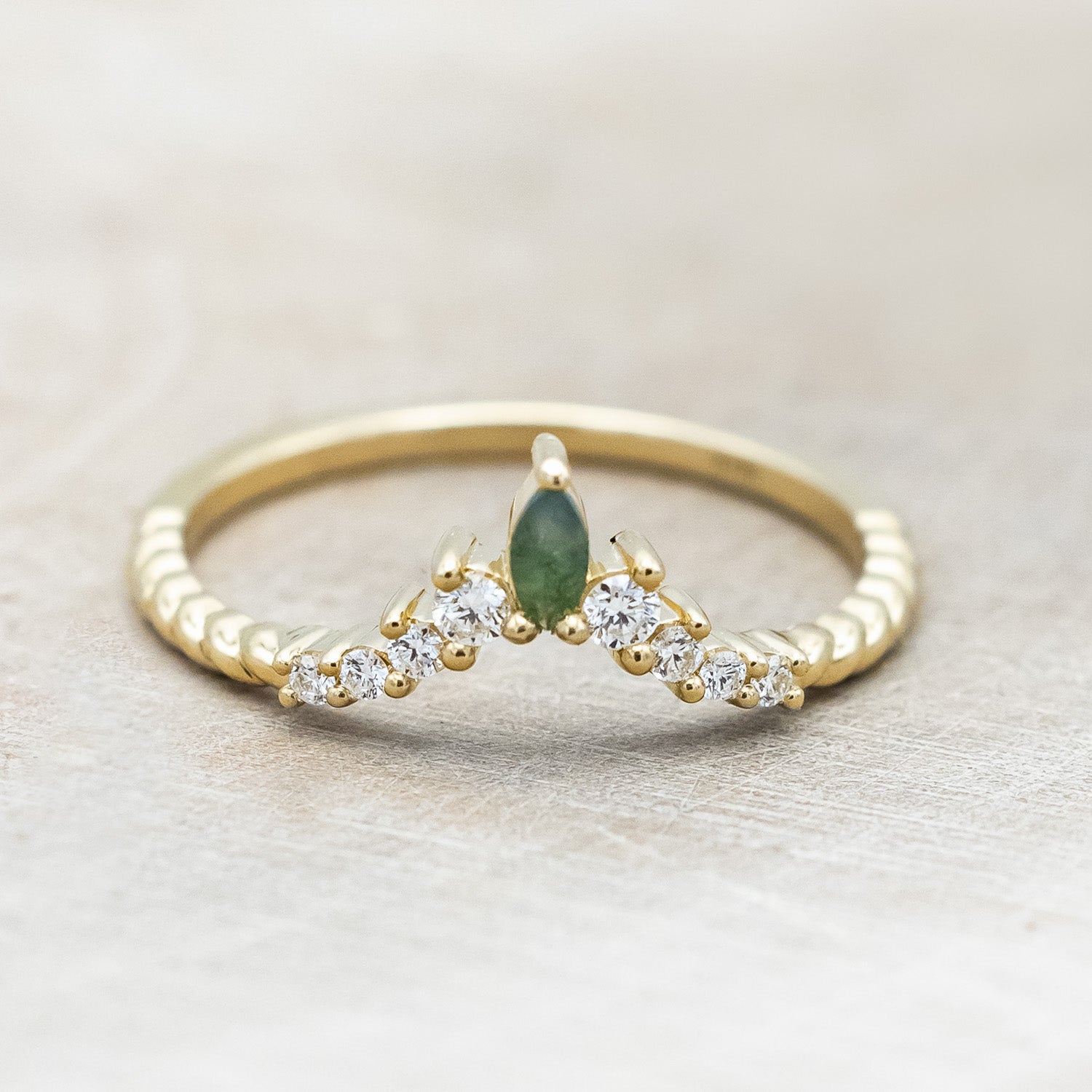 "SHIMMERING SAGE" - KITE CUT MOSS AGATE ENGAGEMENT RING WITH MARQUISE MOSS AGATE ACCENTS & A DIAMOND TRACER-Staghead Designs