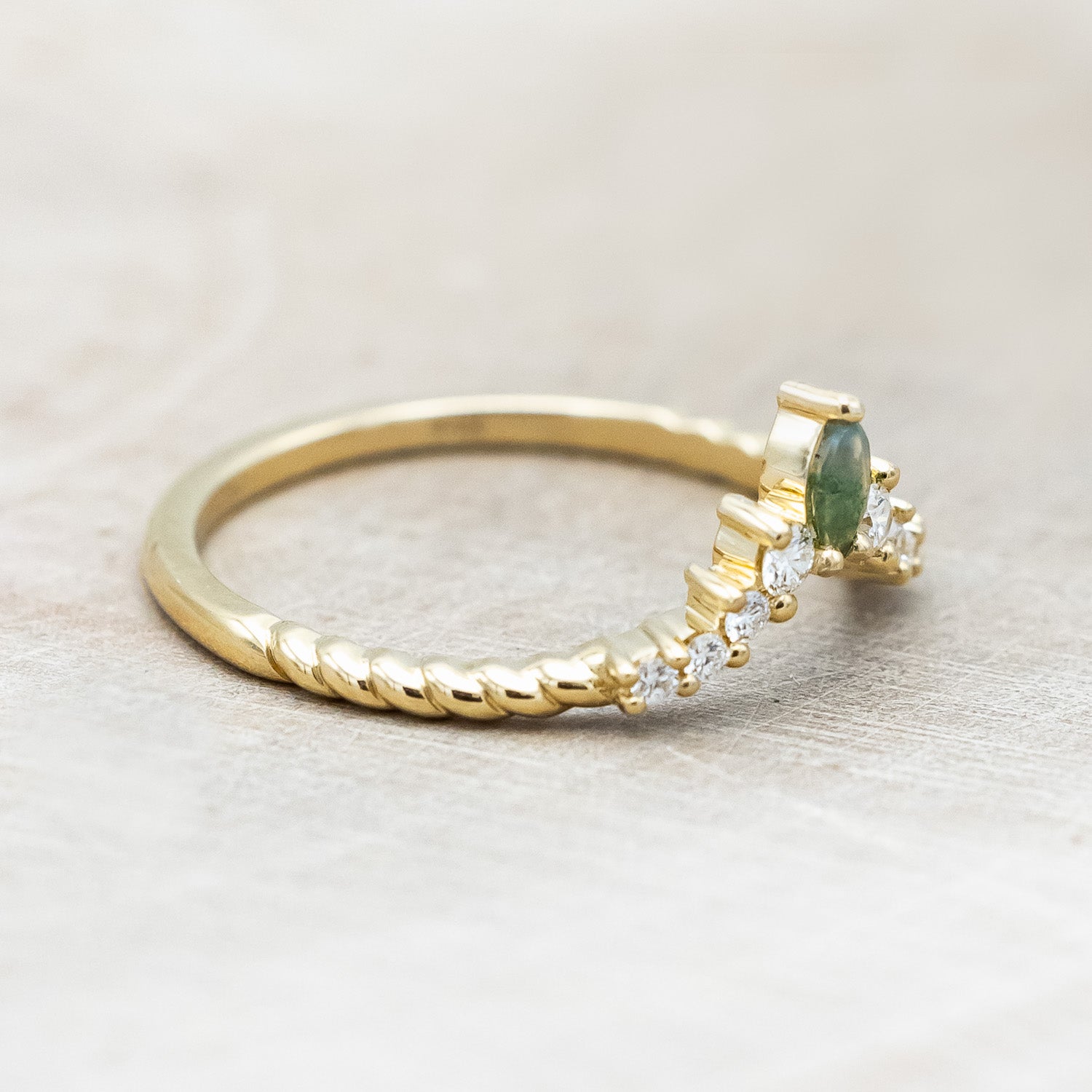 "SHIMMERING SAGE" - KITE CUT MOSS AGATE ENGAGEMENT RING WITH MARQUISE MOSS AGATE ACCENTS & A DIAMOND TRACER-Staghead Designs