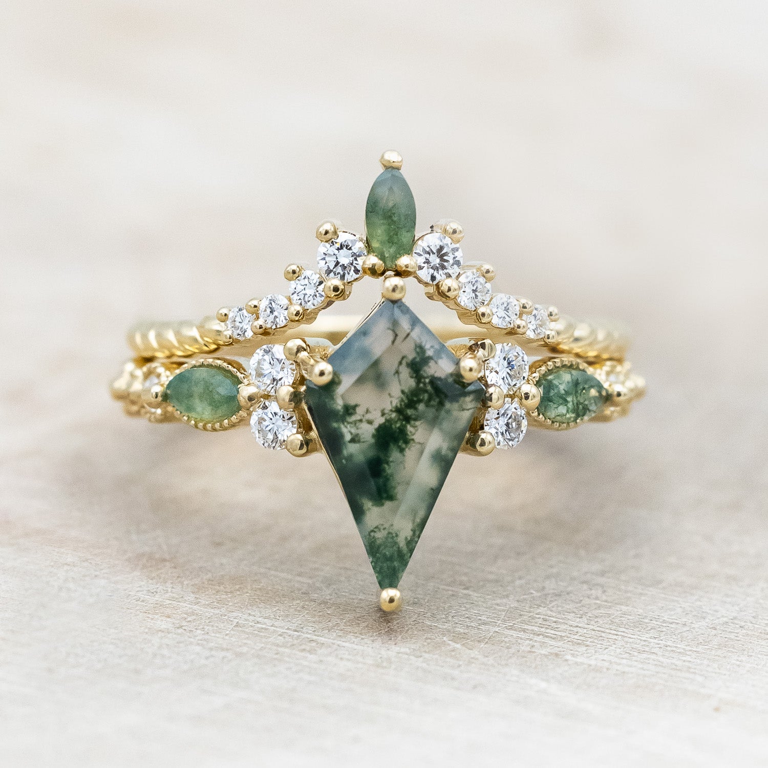 "SHIMMERING SAGE" - KITE CUT MOSS AGATE ENGAGEMENT RING WITH MARQUISE MOSS AGATE ACCENTS & A DIAMOND TRACER-Staghead Designs