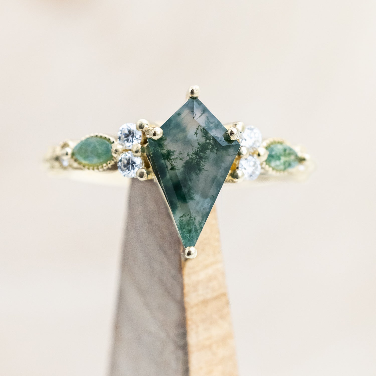 "SHIMMERING SAGE" - KITE CUT MOSS AGATE ENGAGEMENT RING WITH MARQUISE MOSS AGATE ACCENTS & A DIAMOND TRACER-Staghead Designs