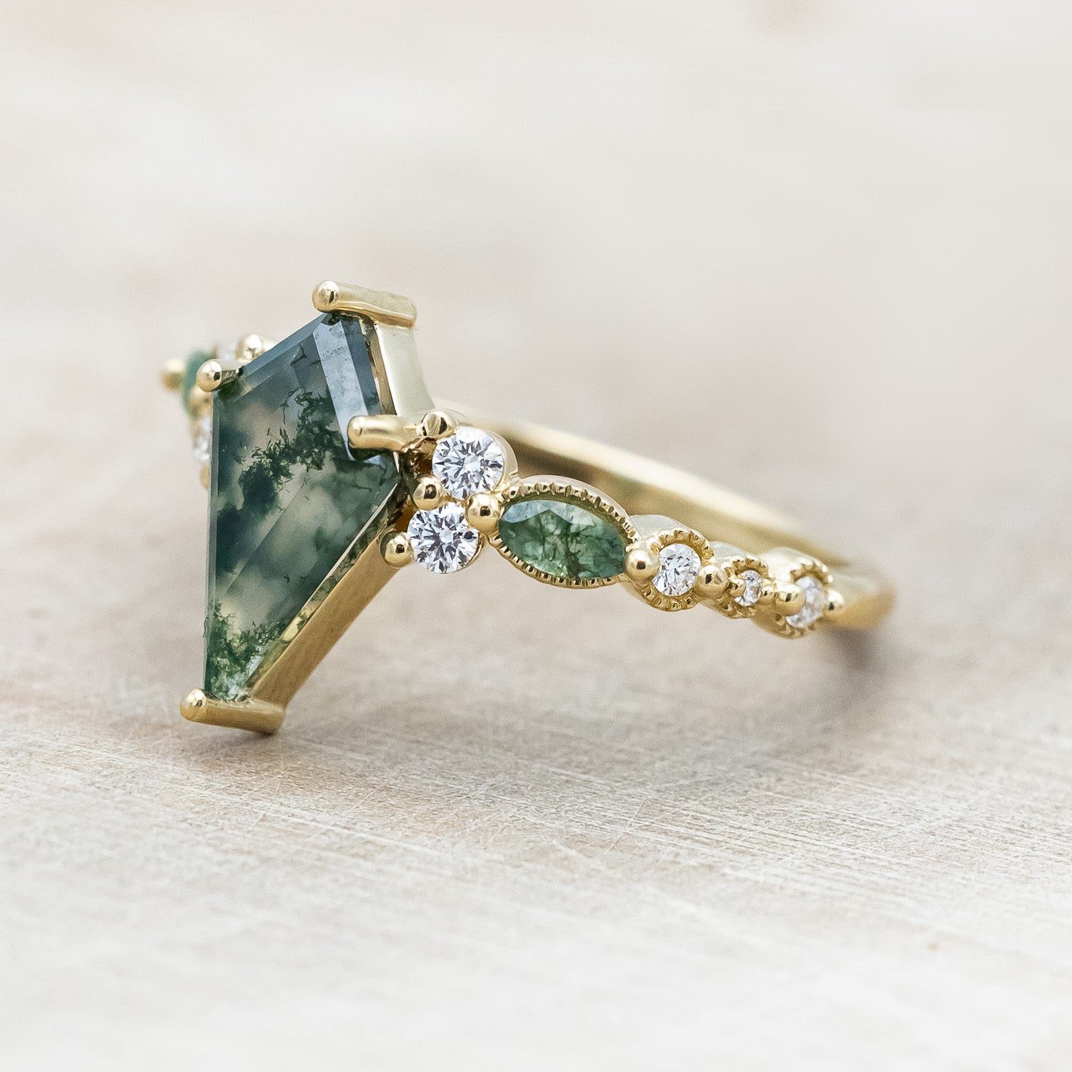 "SHIMMERING SAGE" - KITE CUT MOSS AGATE ENGAGEMENT RING WITH MARQUISE MOSS AGATE ACCENTS & A DIAMOND TRACER-Staghead Designs